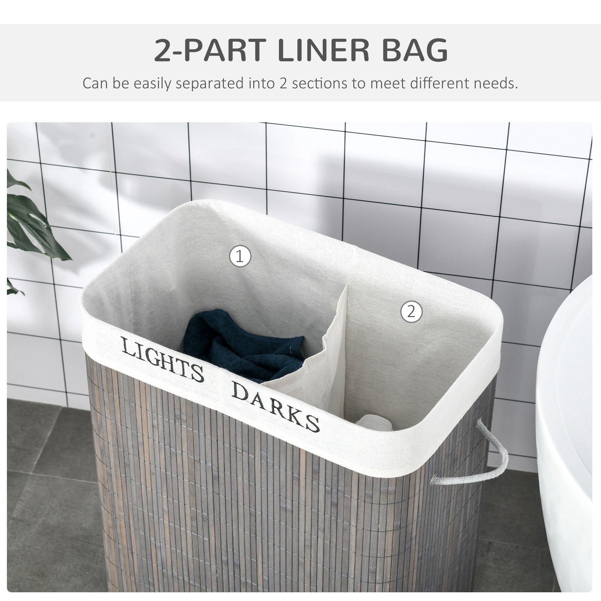 100L Laundry Basket with Flip Lid String Handles, 2 Section Collapsible Hamper Removable Lining Foldable Water-Resistant Dirty Clothes Storage-4