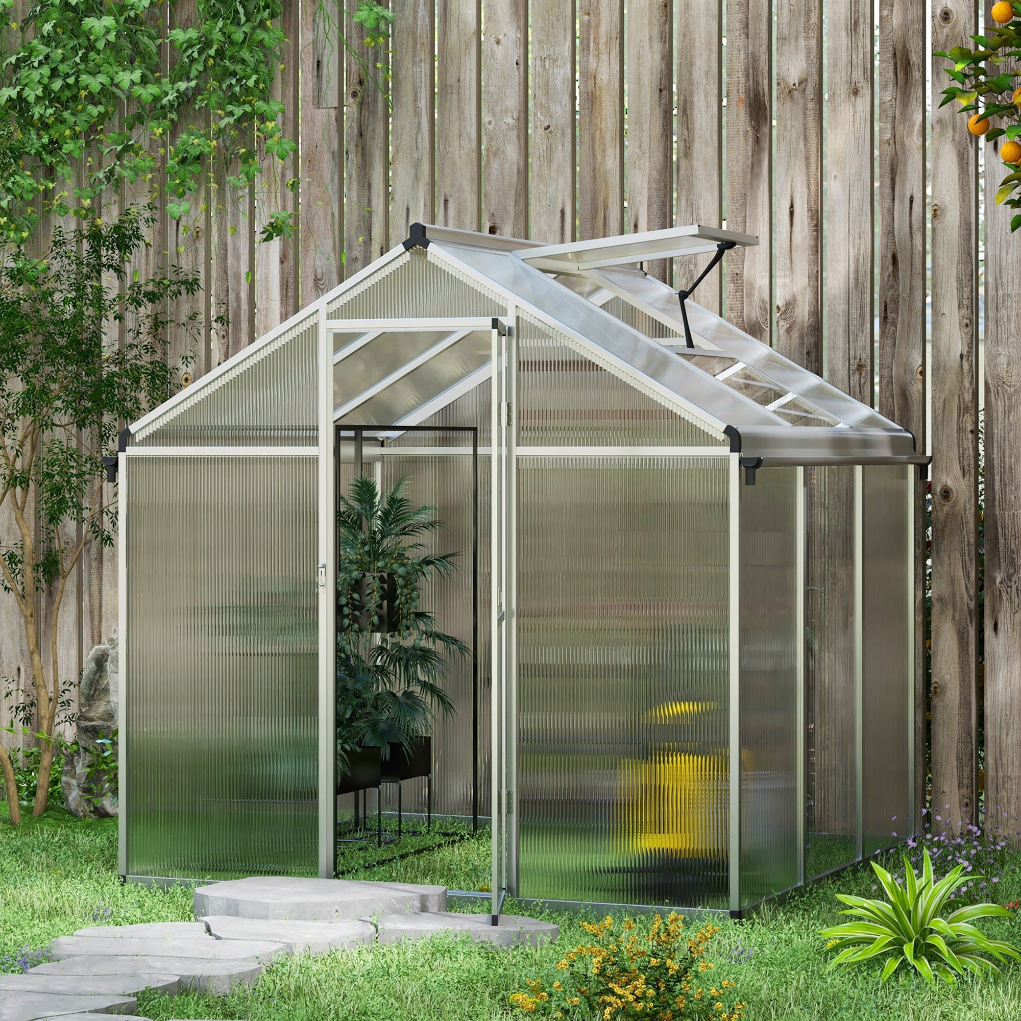 6 x 6ft Polycarbonate Greenhouse with Rain Gutters, Large Walk-In Green House with Window, Garden Plants Grow House with Aluminium-1