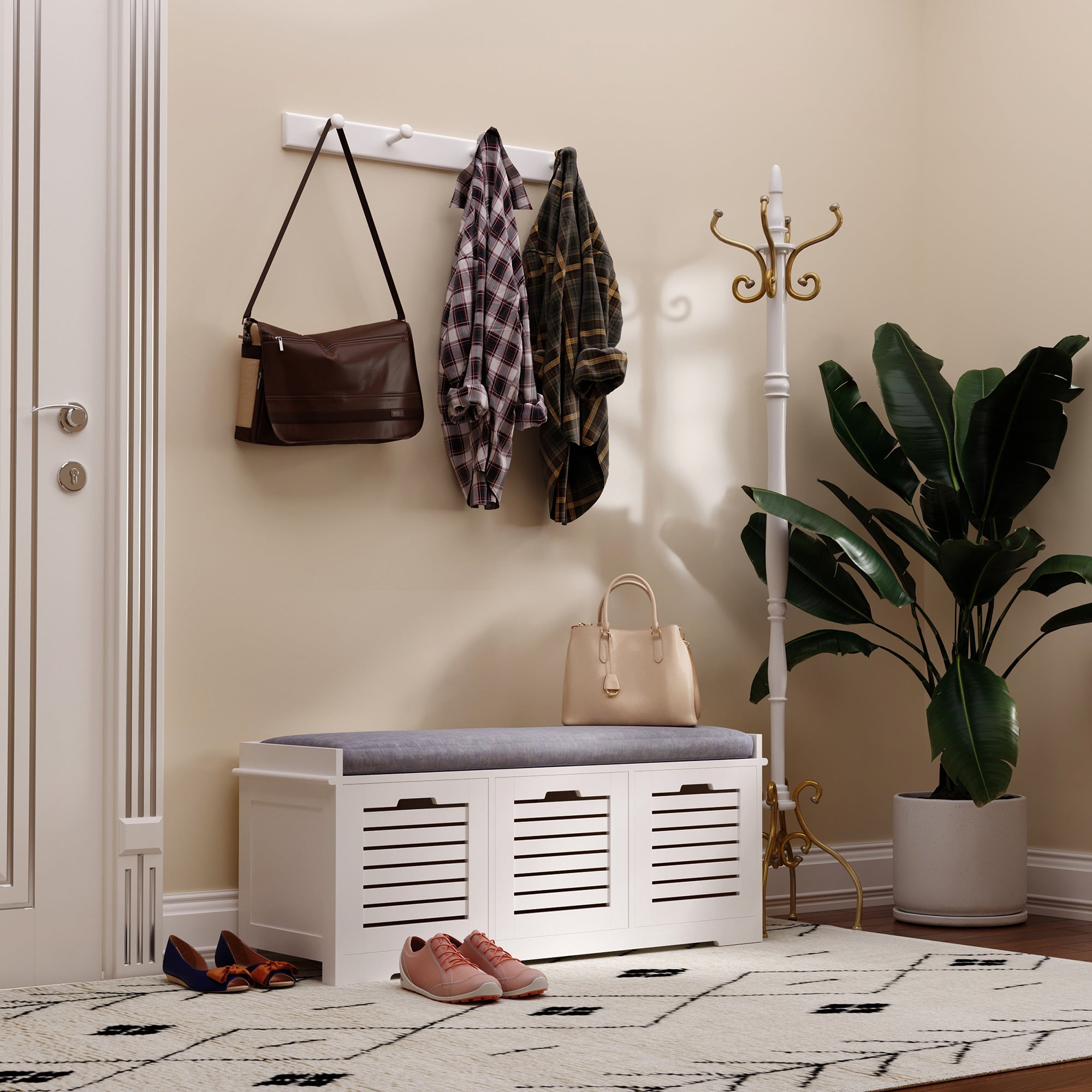 White Storage Bench with 3 Drawers & Removable Grey Seat Cushion Hallway Organisation furniture-1