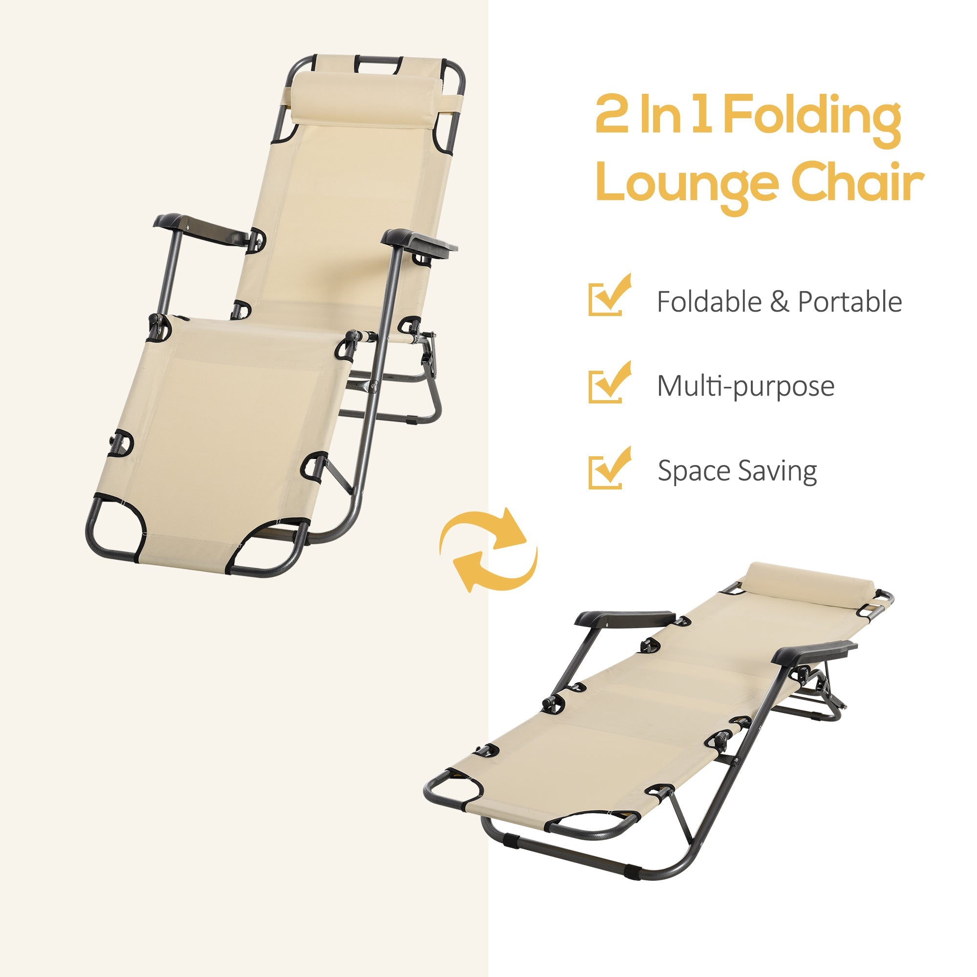 2 in 1 Sun Lounger Folding Reclining Chair Garden Outdoor Camping Adjustable Back with Pillow Beige-3