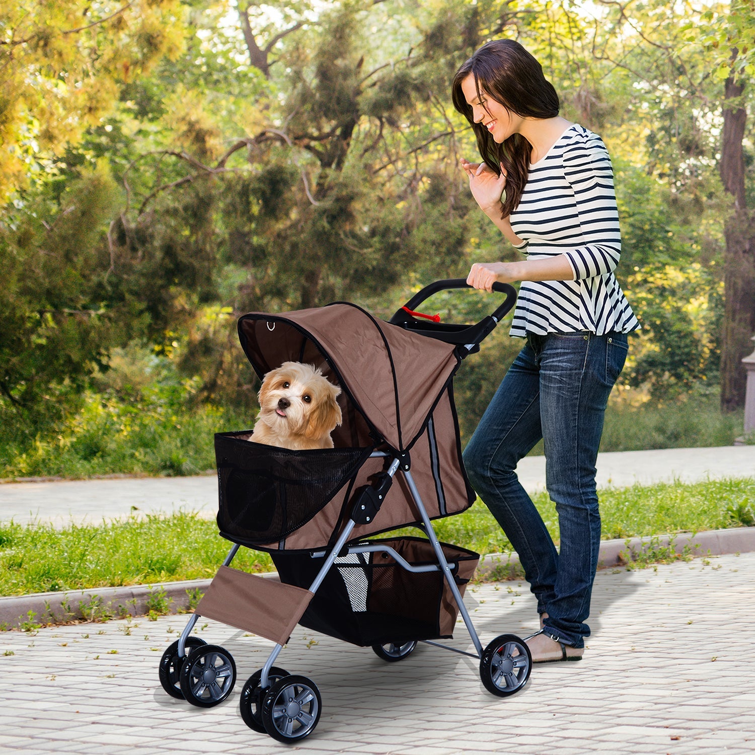 Dog Pram Pet Stroller Foldable Dog Pushchair with Wheels Zipper Entry Cup Holder Storage Basket Brown-1