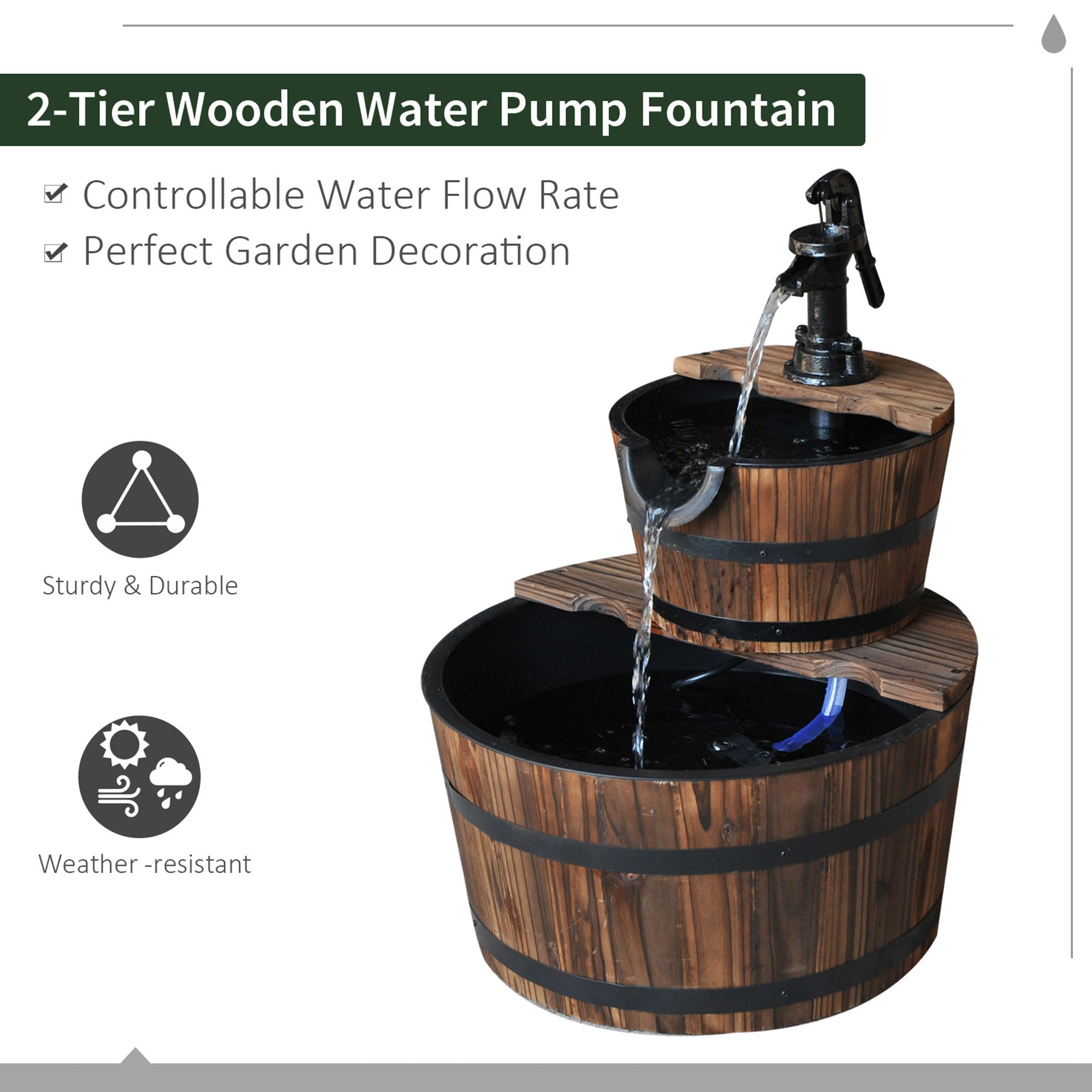 Wooden Water Pump Fountain Cascading Feature Barrel Garden Deck (2 Tier)-4