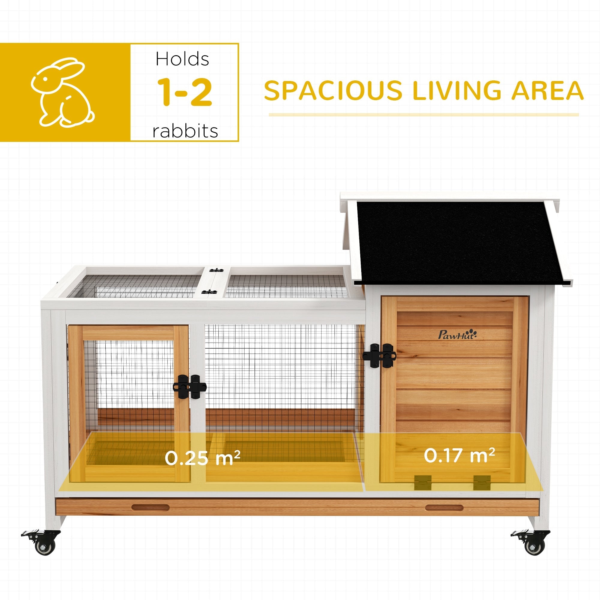 Wooden Rabbit Hutch, Guinea Pig Cage, with Removable Tray, Wheels - Yellow-3