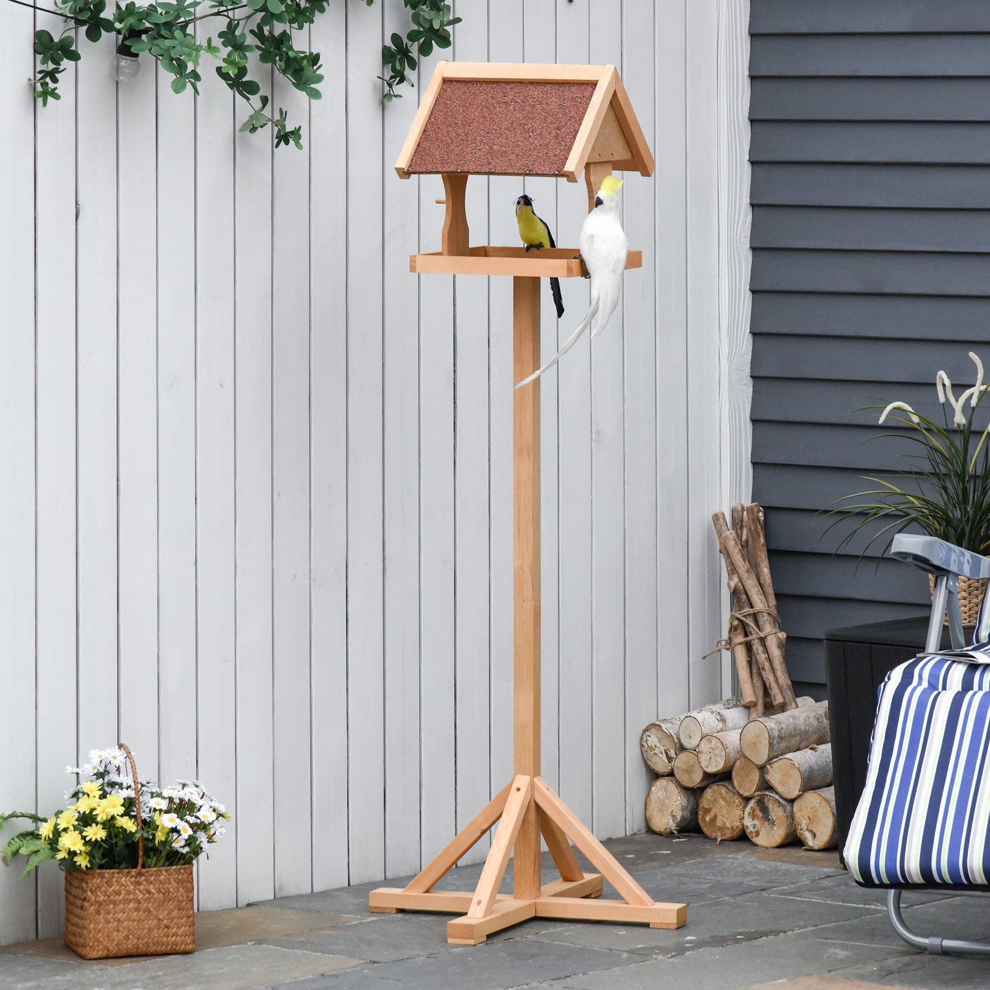 Wooden Bird Feeder Table Freestanding with Weather Resistant Roof Cross-shaped Support Feet for Backyard Pre-cut 55 x 55 x 144cm Natural-1