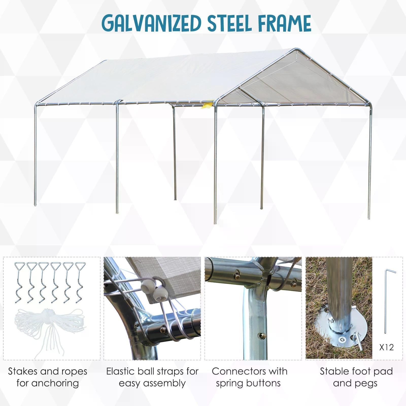 3 x 6m Heavy Duty Carport Garage Car Shelter Galvanized Steel Outdoor Open Canopy Tent Water UV Resistant Waterproof, White-3