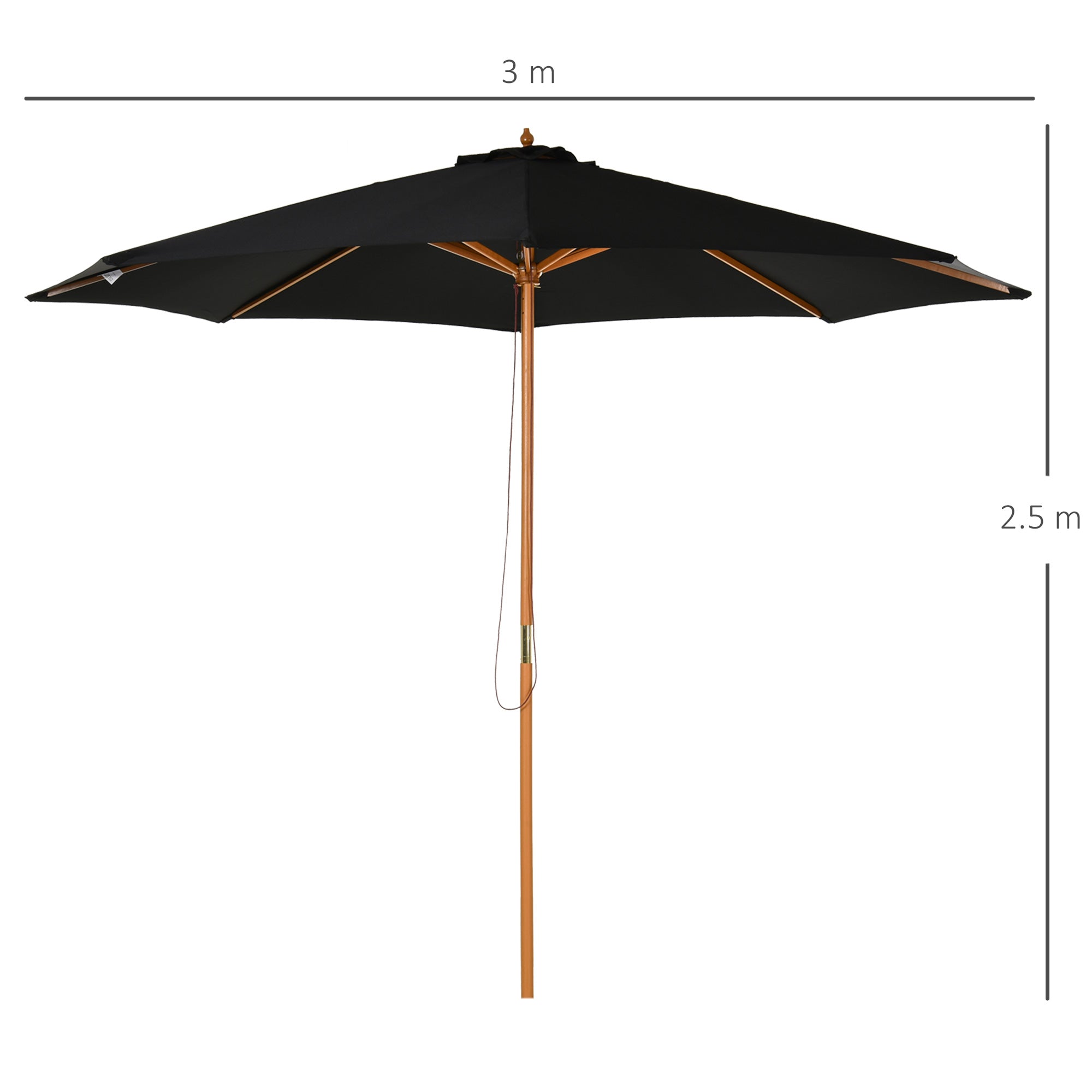 ⌀3m Bamboo Wooden Market Patio Umbrella Garden Parasol Outdoor Sunshade Canopy, 8-ribs,Black-2