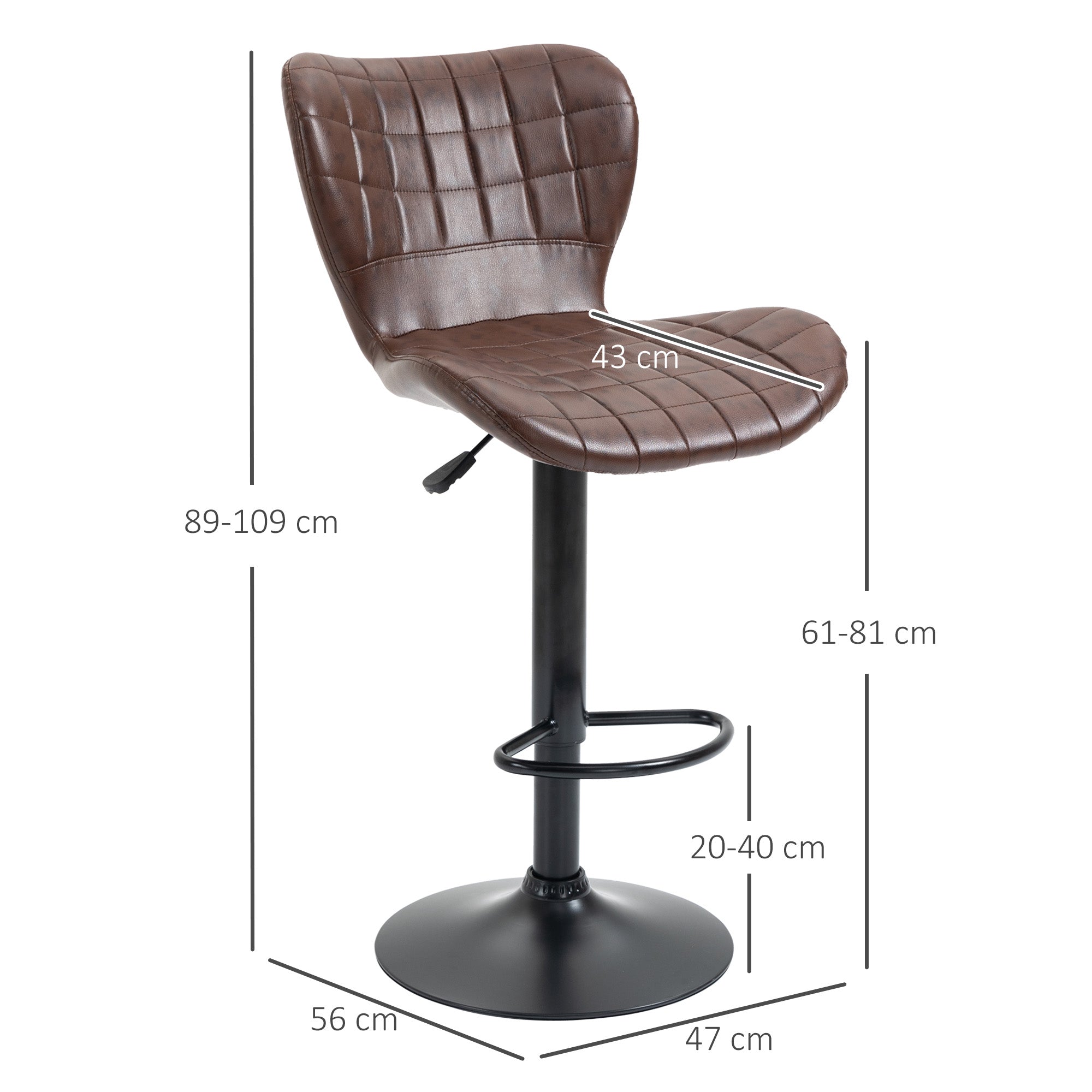 Bar Stools Set of 2 Adjustable Height Swivel Bar Chairs in PU Leather with Backrest & Footrest, Brown-2