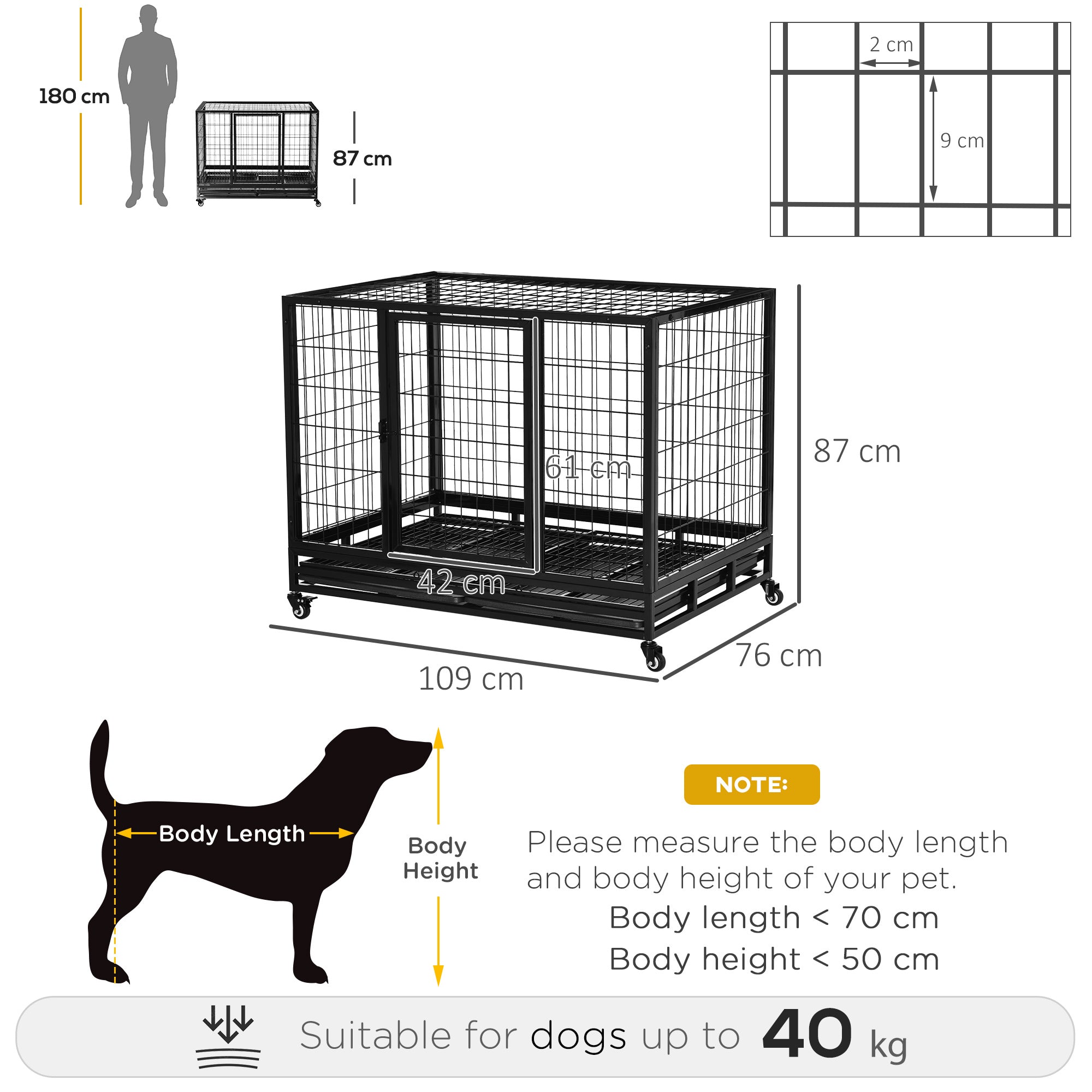 43" Heavy Duty Metal Dog Kennel Pet Cage with Crate Tray and Wheels - Black (Large)-2