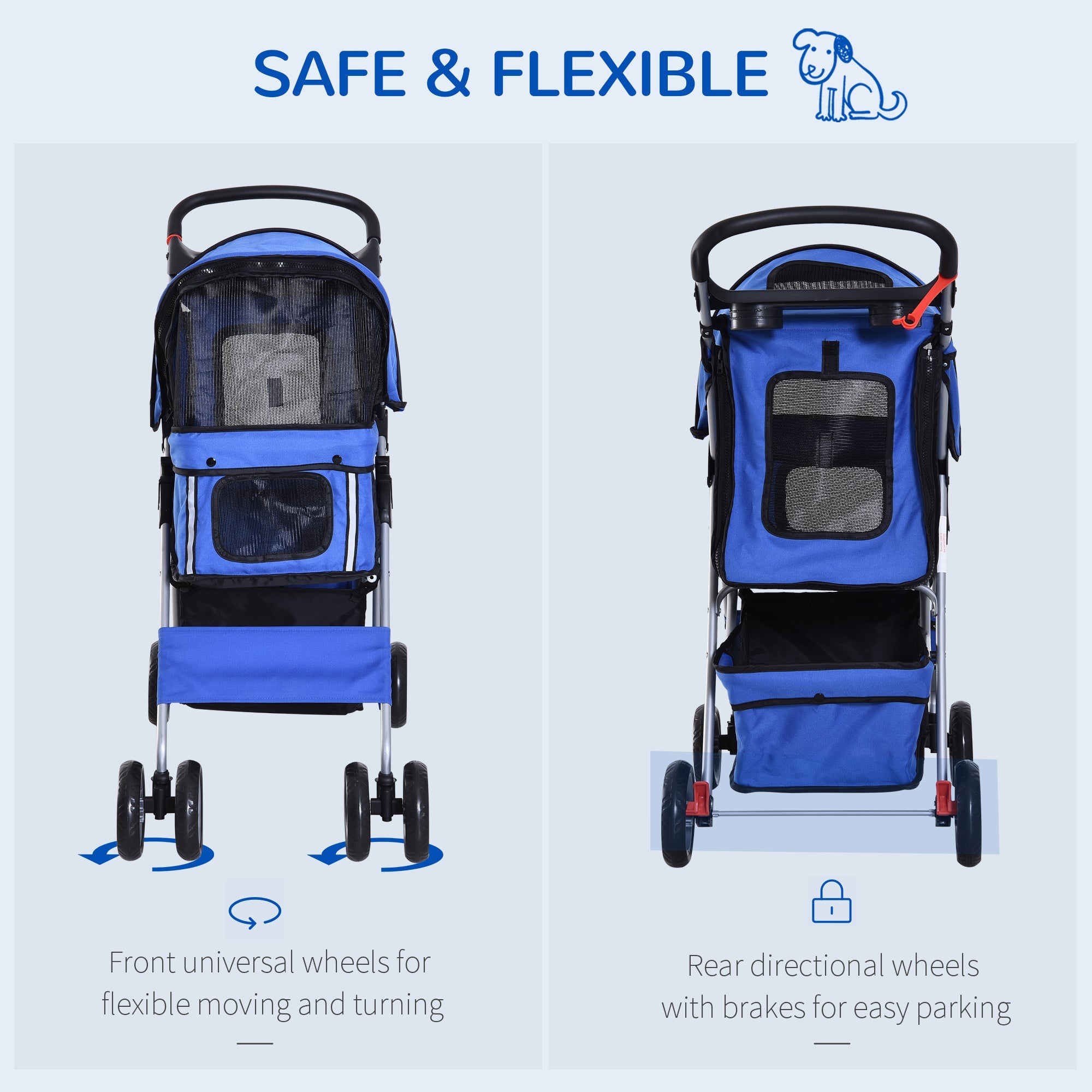 Dog Stroller with Rain Cover for Small Miniature Dogs, Folding Pet Pram with Cup Holder, Storage Basket, Reflective Strips, Blue-4