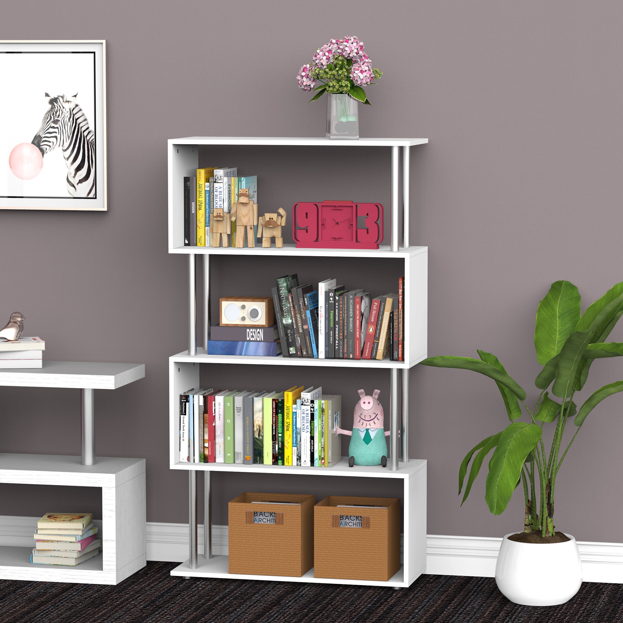 Wooden S Shape Bookcase Bookshelf Dividers Storage Display Unit White-1