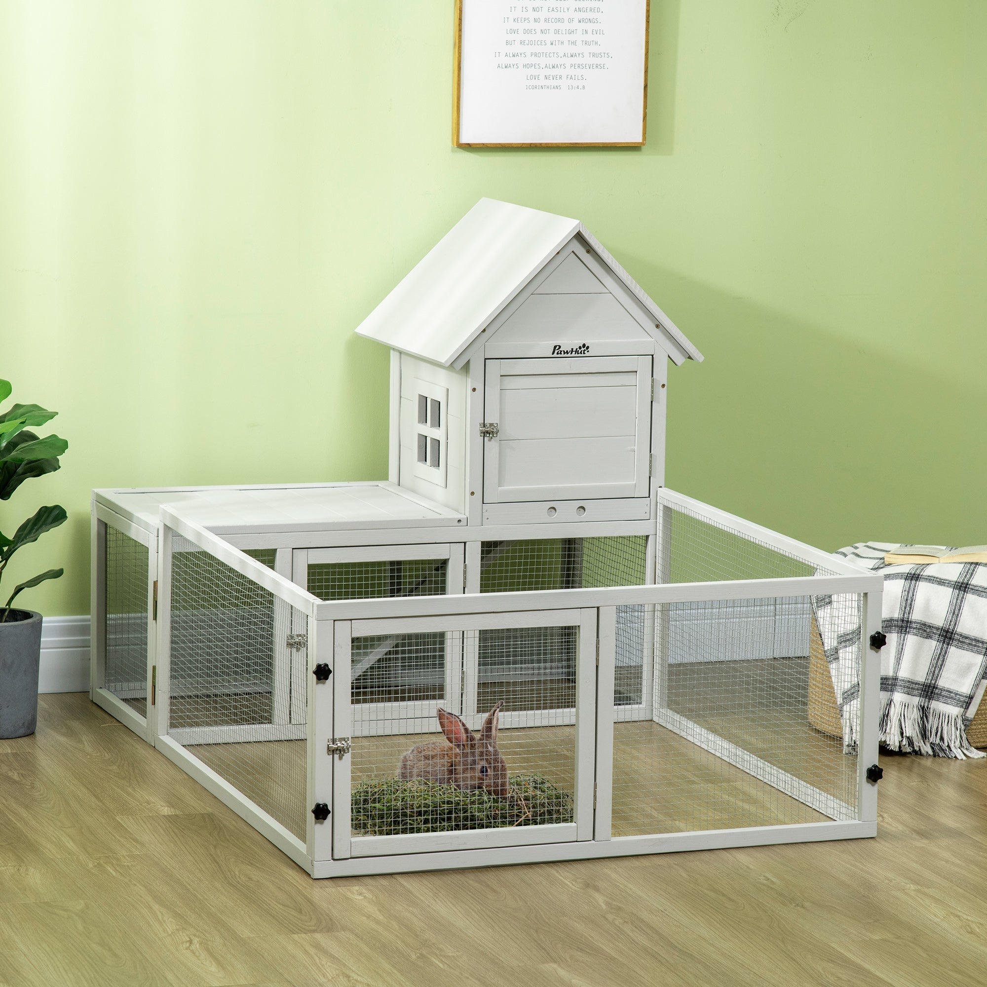 Wooden Rabbit Hutch with Extra Fenced Area, Large Guinea Pig Cage, Small Animal House for Indoor with Slide-out Tray, Light Grey-1