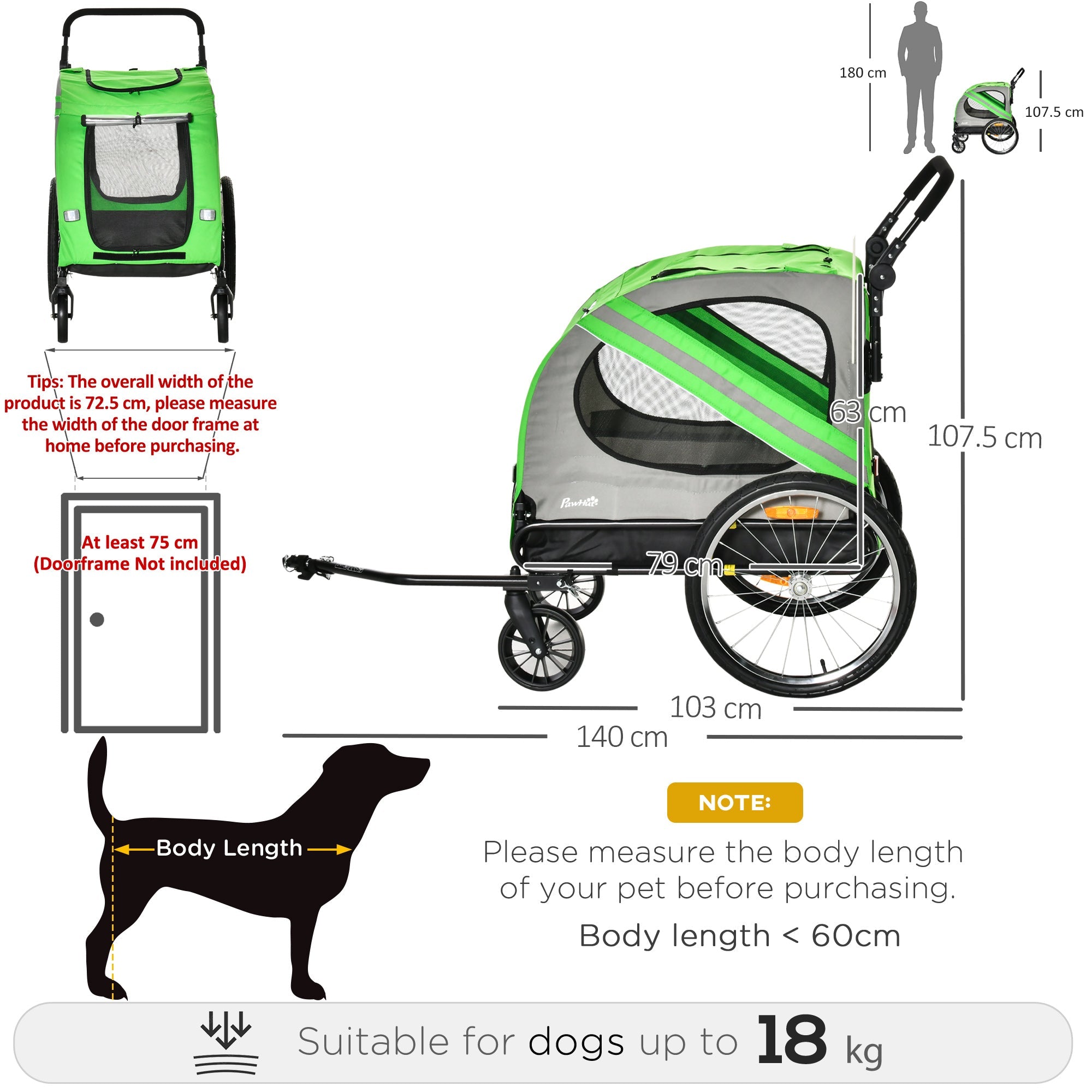 Dog Bike Trailer 2-in-1 Pet Stroller Cart Bicycle Carrier Attachment for Travel in steel frame with Universal Wheel Reflectors Flag Green-3