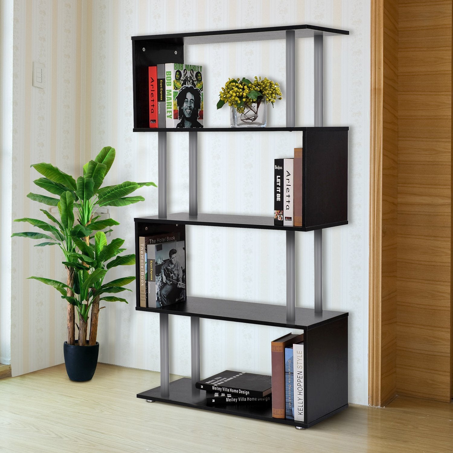 Wooden S Shape Bookcase Bookshelf Dividers Storage Display Unit Black-1