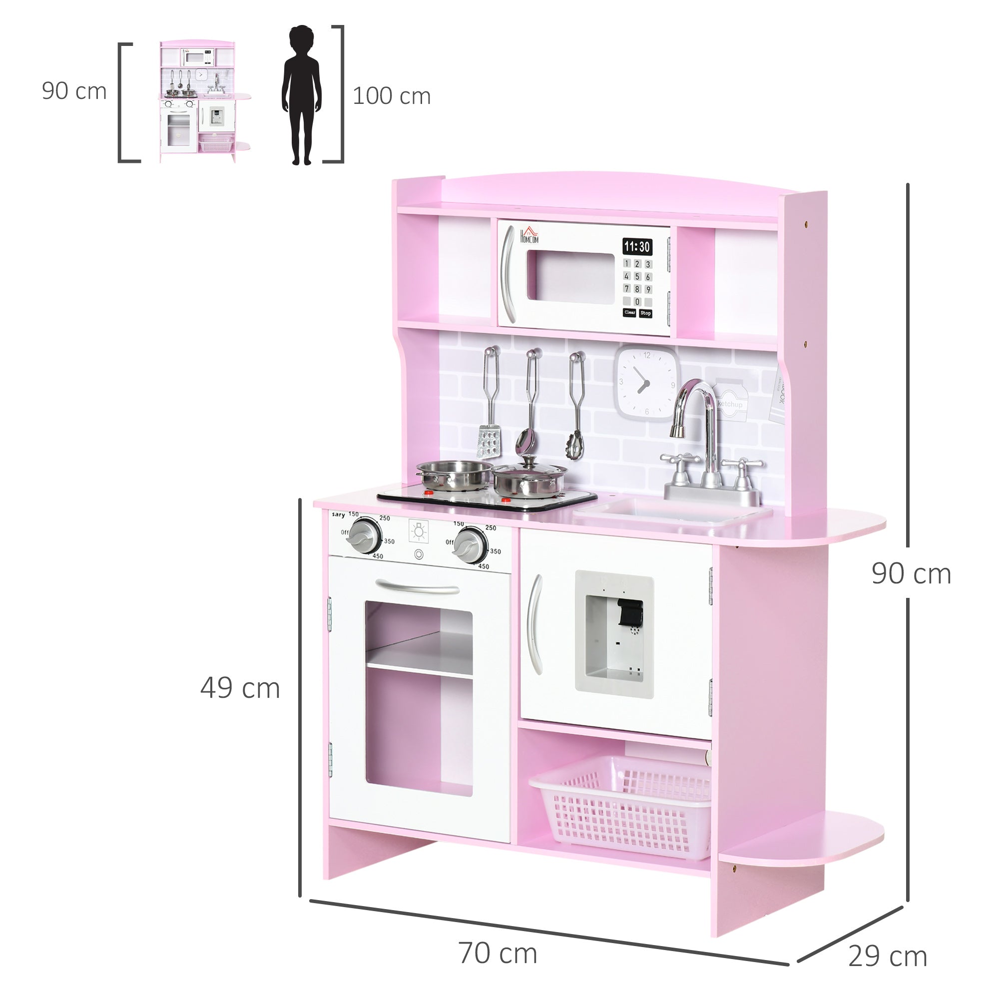 Wooden Play Kitchen with Lights Sounds, Kids Kitchen Playset with Water Dispenser, Microwave, Utensils, Sink, Gift for 3-6 Years Old, Pink-2