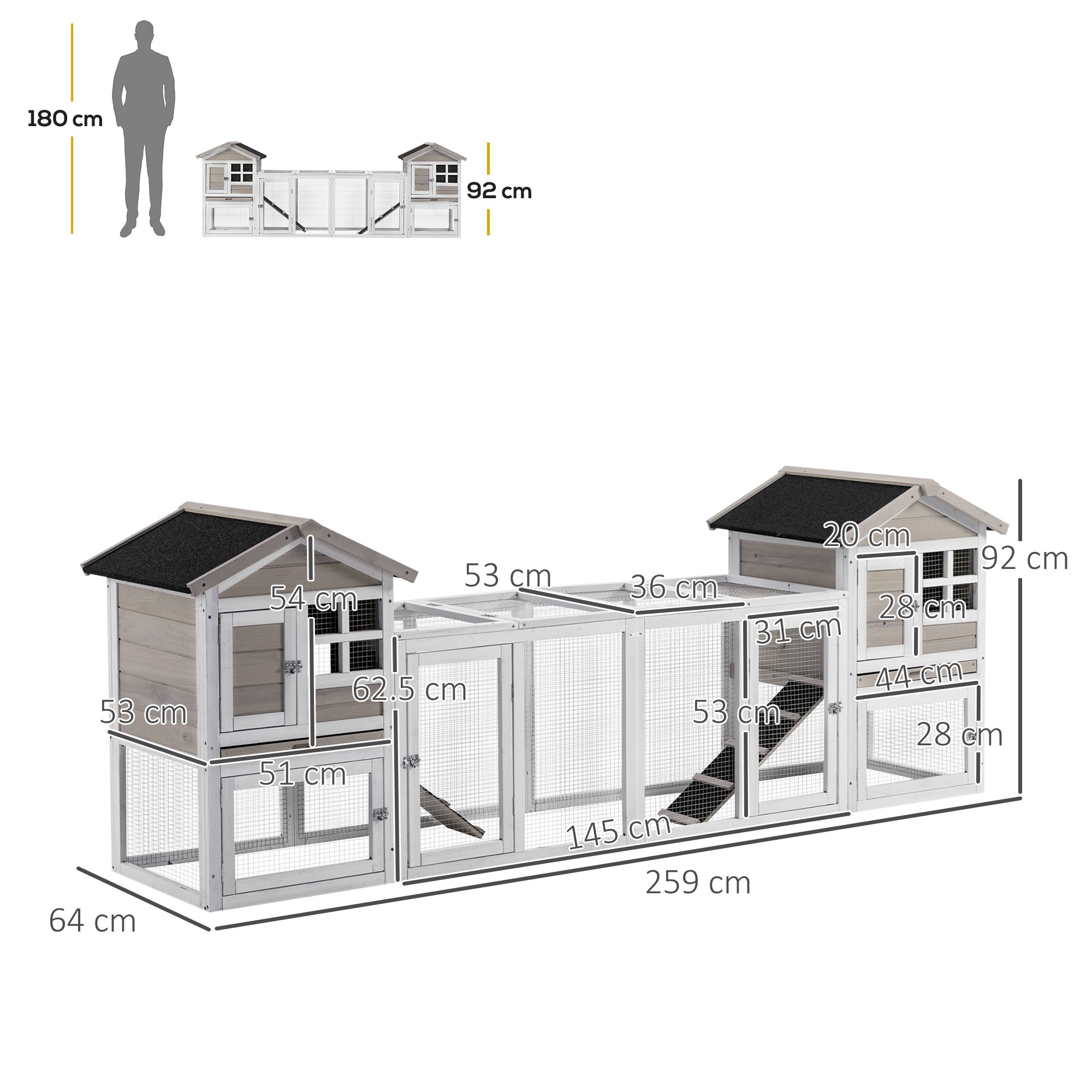 2 in 1 Rabbit Hutch, Double Main House Guinea Pig Hutch, Wooden Small Animal House with Run Box, Slide-out Tray, Ramp, 259 x-2