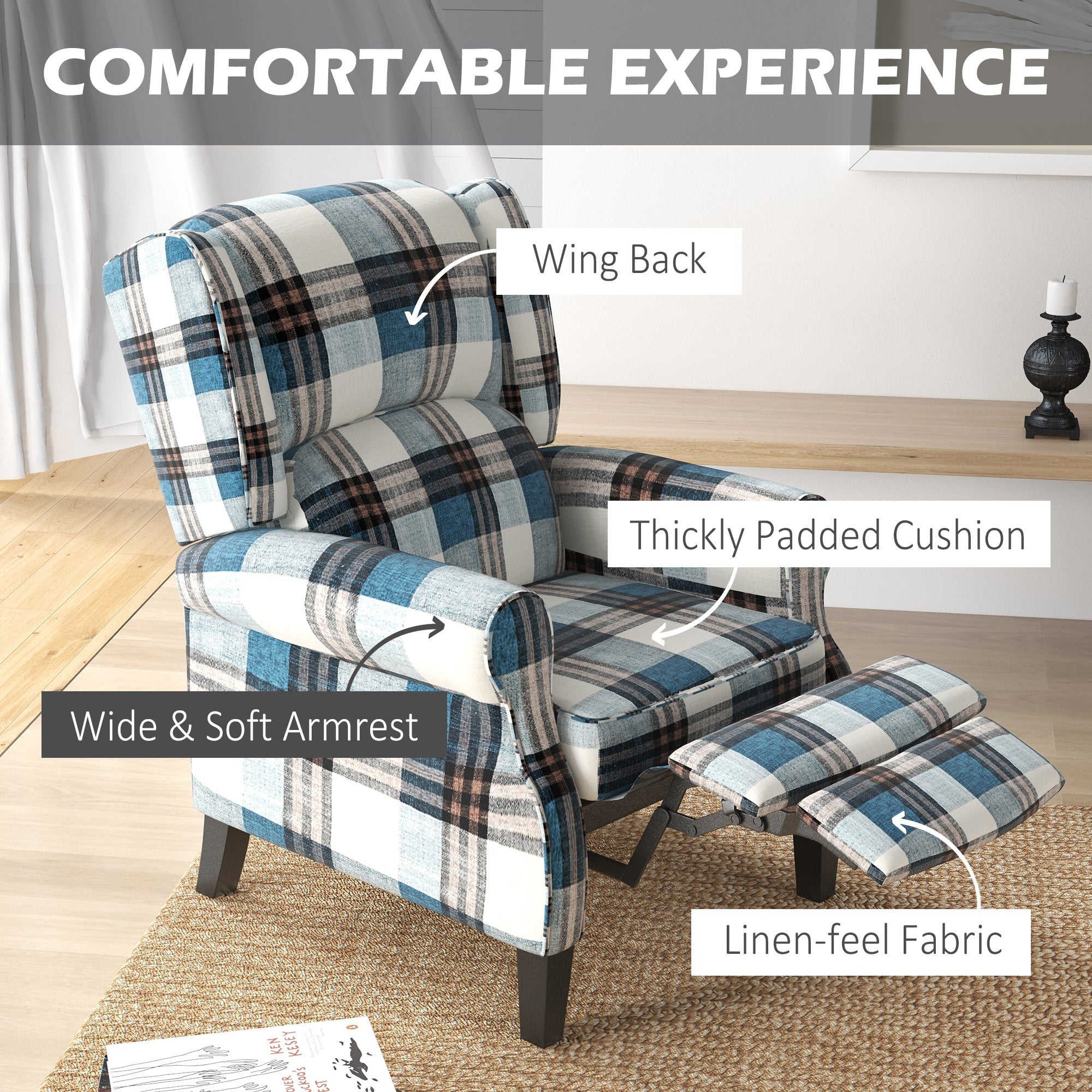 Wingback Reclining Chair Push Back Recliner Armchair for Living Room Bedroom with Footrest Armrests Wood Legs Blue-4