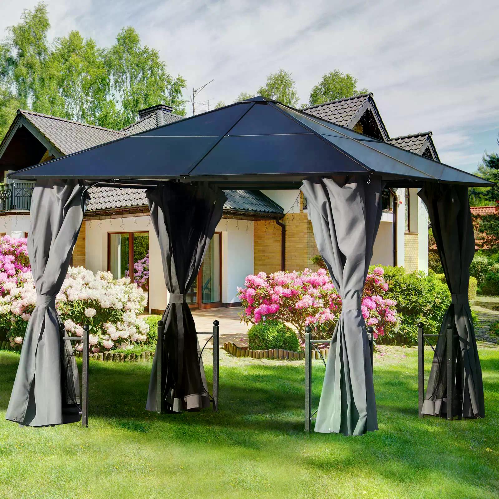 3 x 3(m) Hardtop Gazebo Canopy with Polycarbonate Roof, Steel & Aluminium Frame, Garden Pavilion with Mosquito Netting and Curtains, Black-1