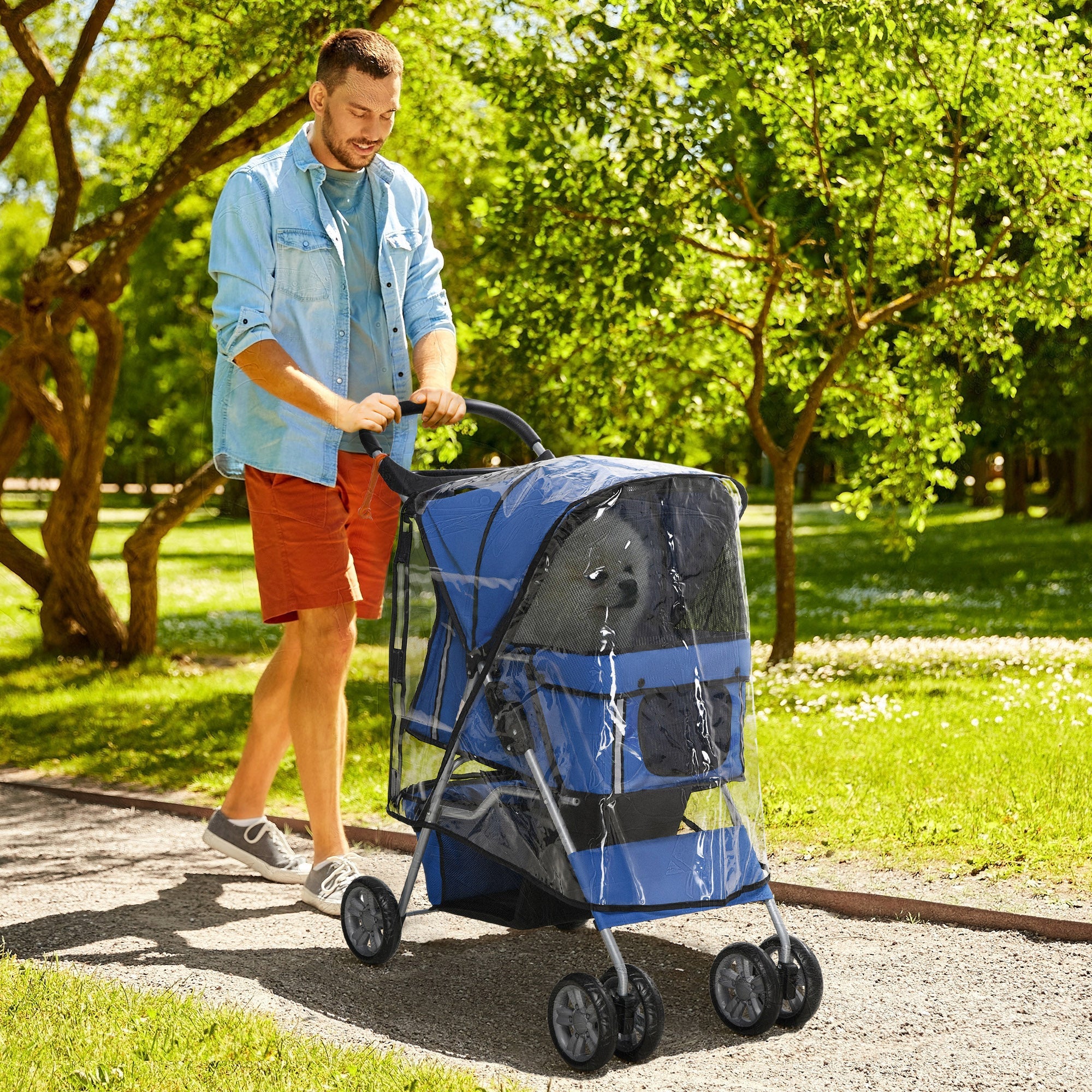 Dog Stroller with Rain Cover for Small Miniature Dogs, Folding Pet Pram with Cup Holder, Storage Basket, Reflective Strips, Blue-1