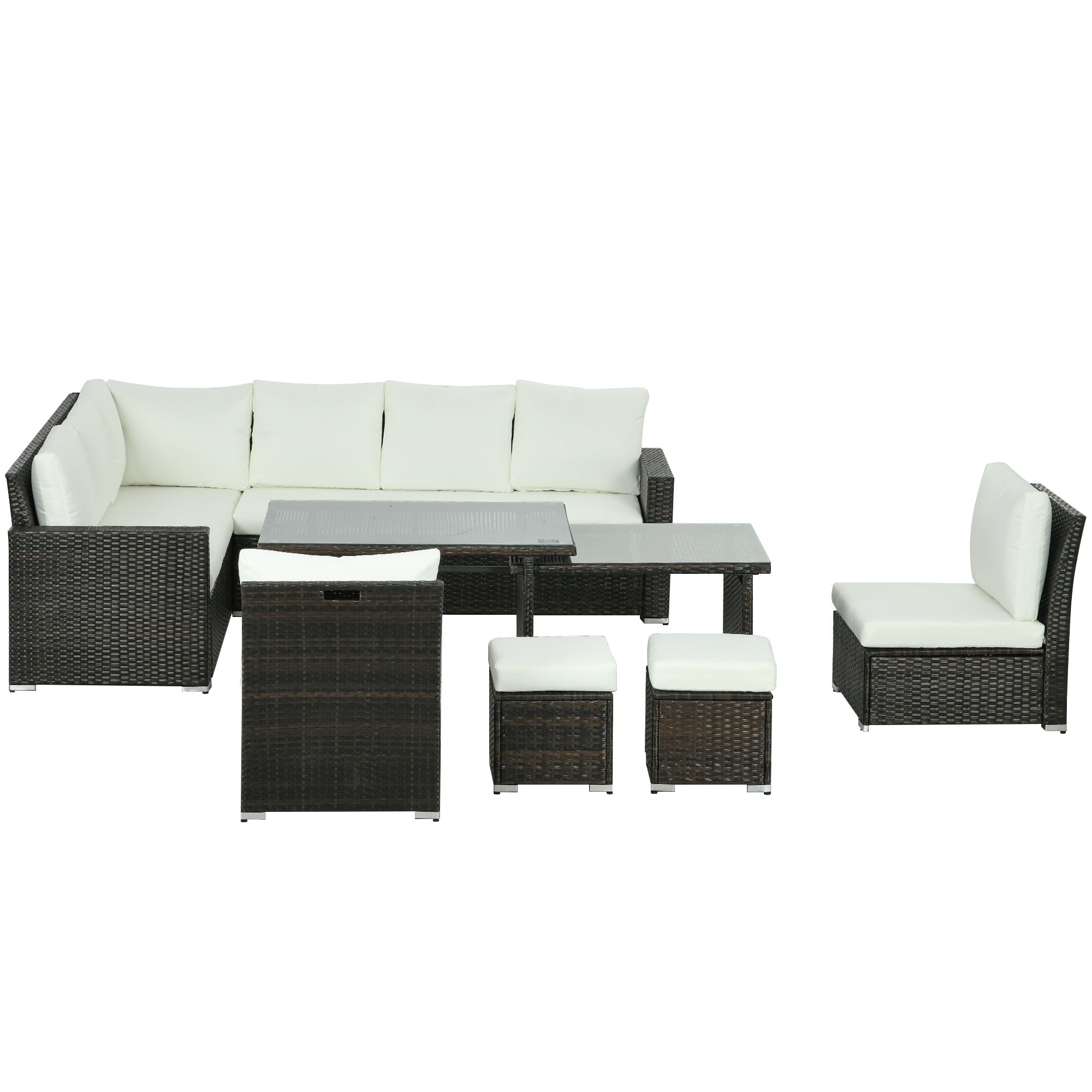 7 Piece Rattan Garden Furniture Set with Cushioned Sofa Seat, Footstools and Expandable Glass Table, 10-Seater, Cream-0