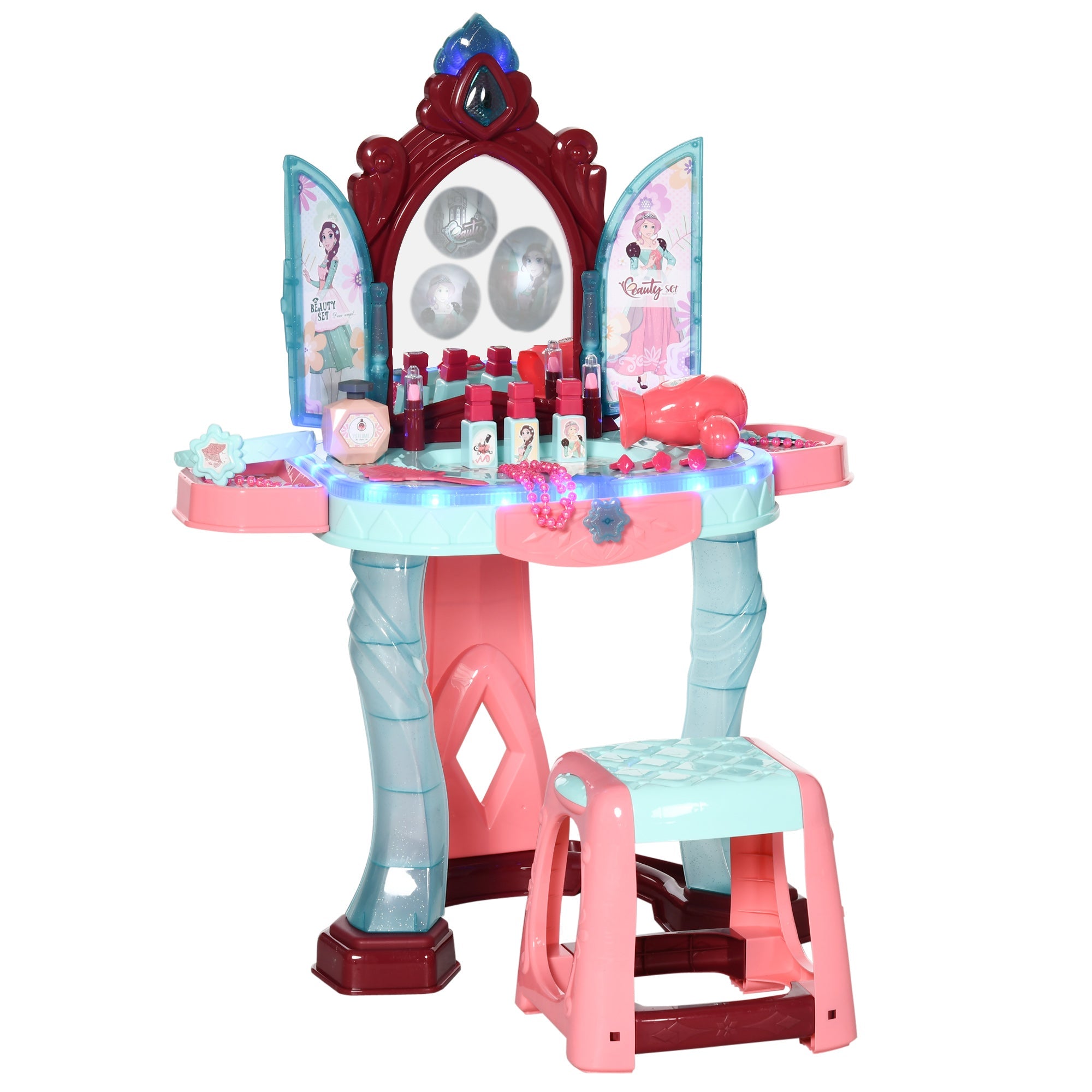 31 PCS Kids Dressing Table Set with Magic Princess Mirror, Musical Pretend Toy W/ Beauty Kit Mirror Light & Music, for 3-6 Years Old Blue+Pink-0