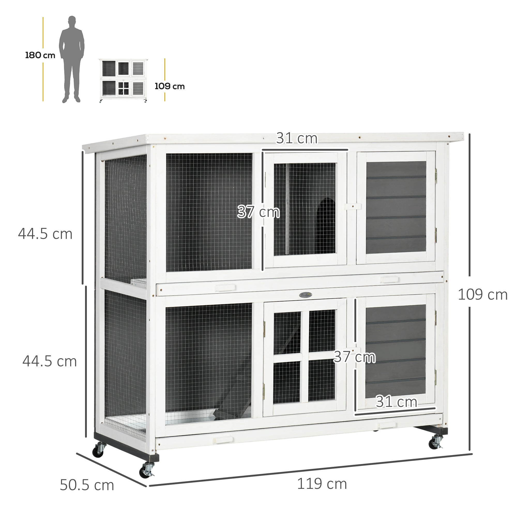 Wooden Rabbit Hutch with Wheels, Guinea Pig Cage, Small Animal House for Outdoor & Indoor with Slide-out Trays, 119 x 50.5 x 109cm, Grey-2