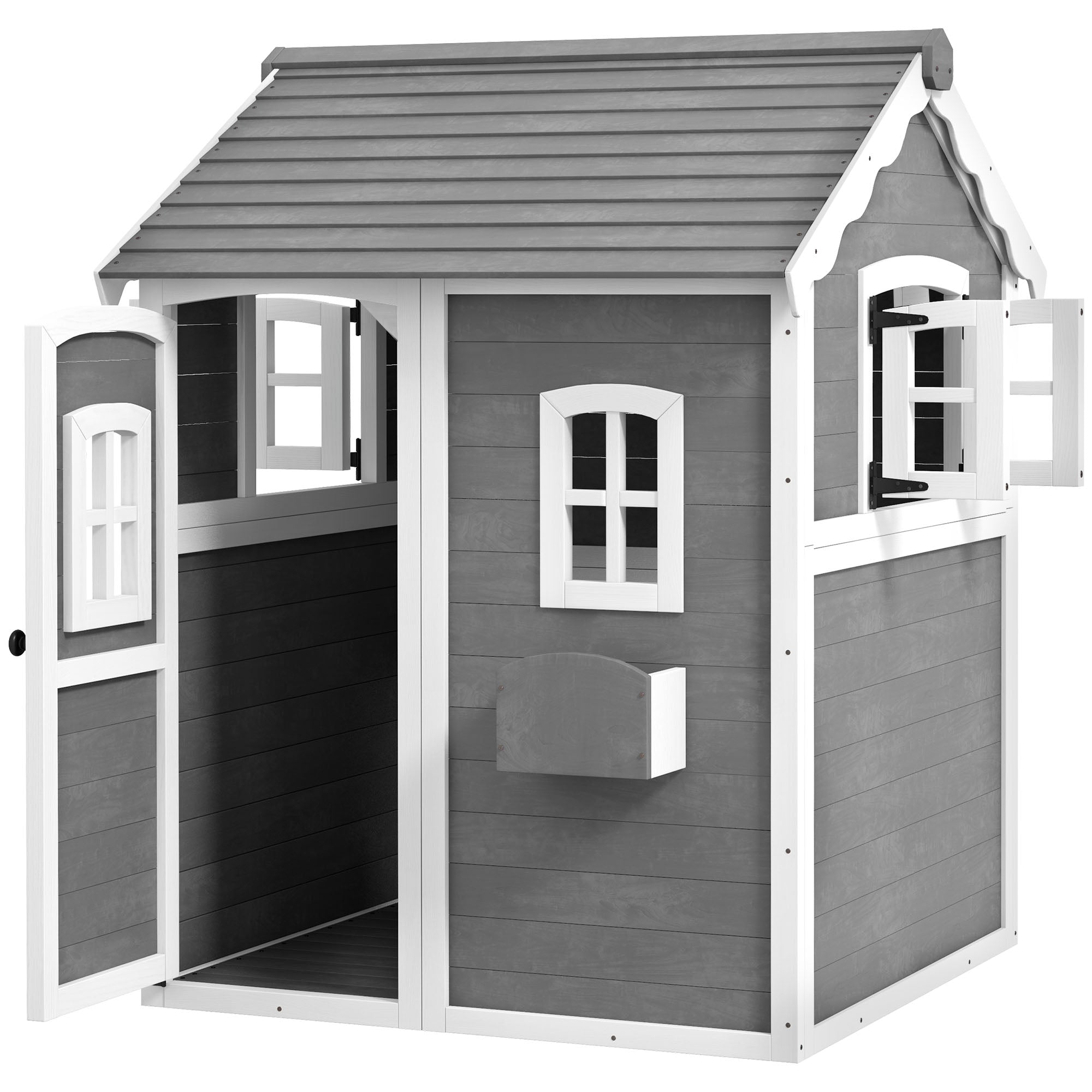 Wooden Playhouse for Kids with Doors, Windows, Plant Box, Floors, for 3-8 Years Old, Garden, Lawn, Patio, Grey-0