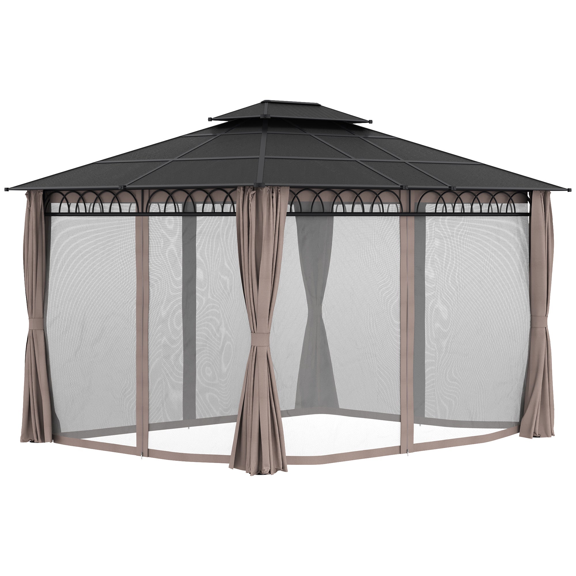 3.6 x 3 (m) Outdoor Polycarbonate Gazebo, Double Roof Hard Top Gazebo with Nettings & Curtains for Garden, Lawn, Patio-0