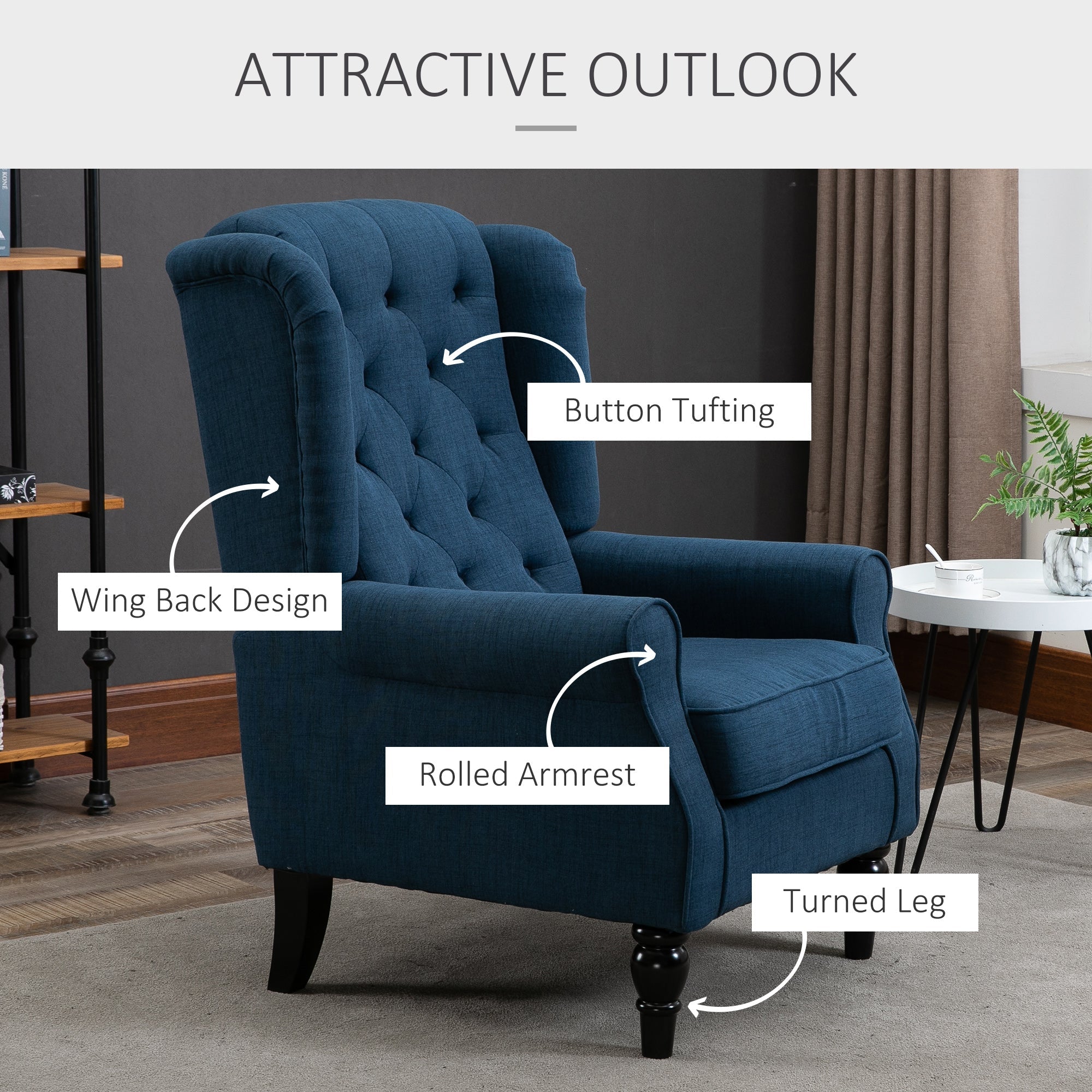 Wingback Accent Chair, Retro Upholstered Button Tufted Occasional Chair for Living Room and Bedroom, Blue-2