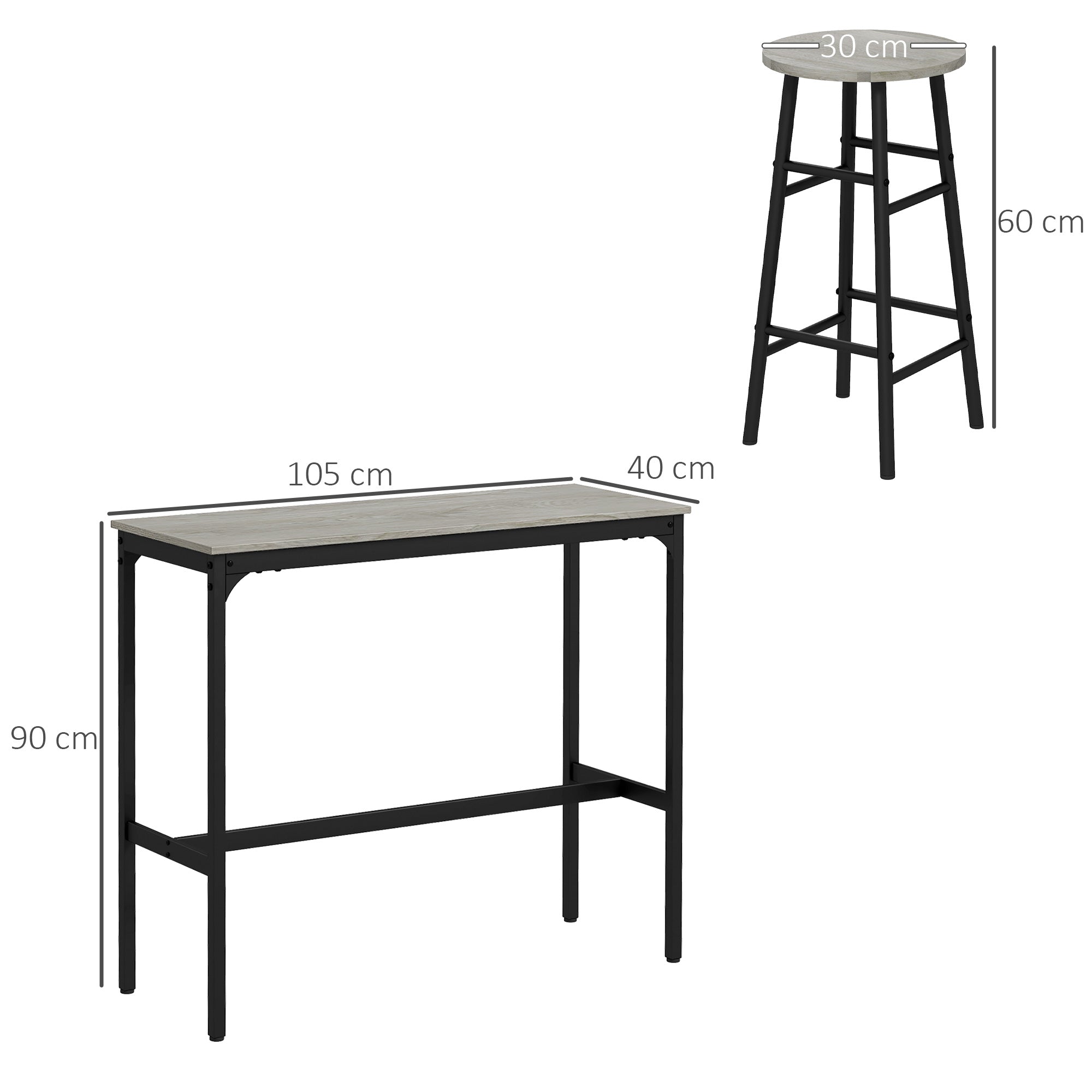 3 Piece Bar Table Set with 2 Stools, Industrial Bar Table and Stool Set, Dining Table and Chair Set for Small Space, Grey-2