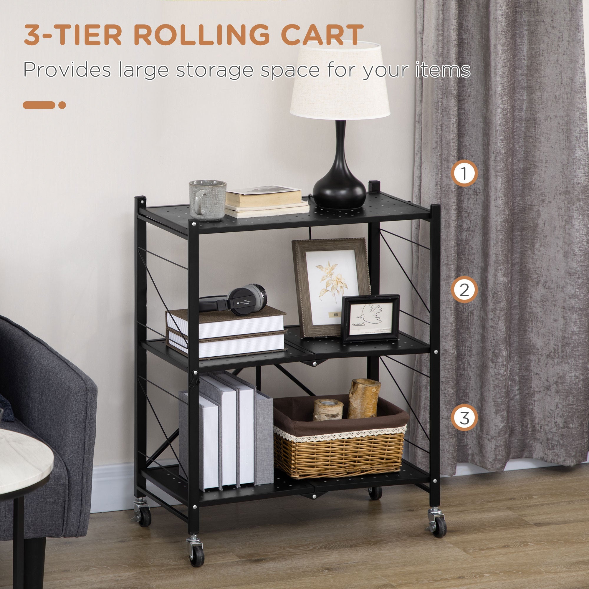 3-Tier Storage Trolley Cart, Foldable Rolling Cart for Kitchen, Living Room and Bathroom, 68 x 34.5 x 85.5 cm, Black-3