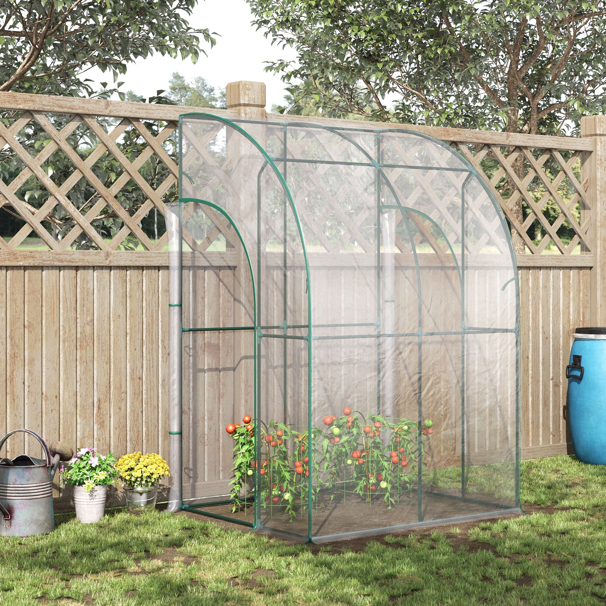 Walk-In Greenhouse Lean to Wall Tunnel Greenhouse with Zippered Roll Up Door PVC Cover Sloping Top, 143 x 118 x 212 cm-1