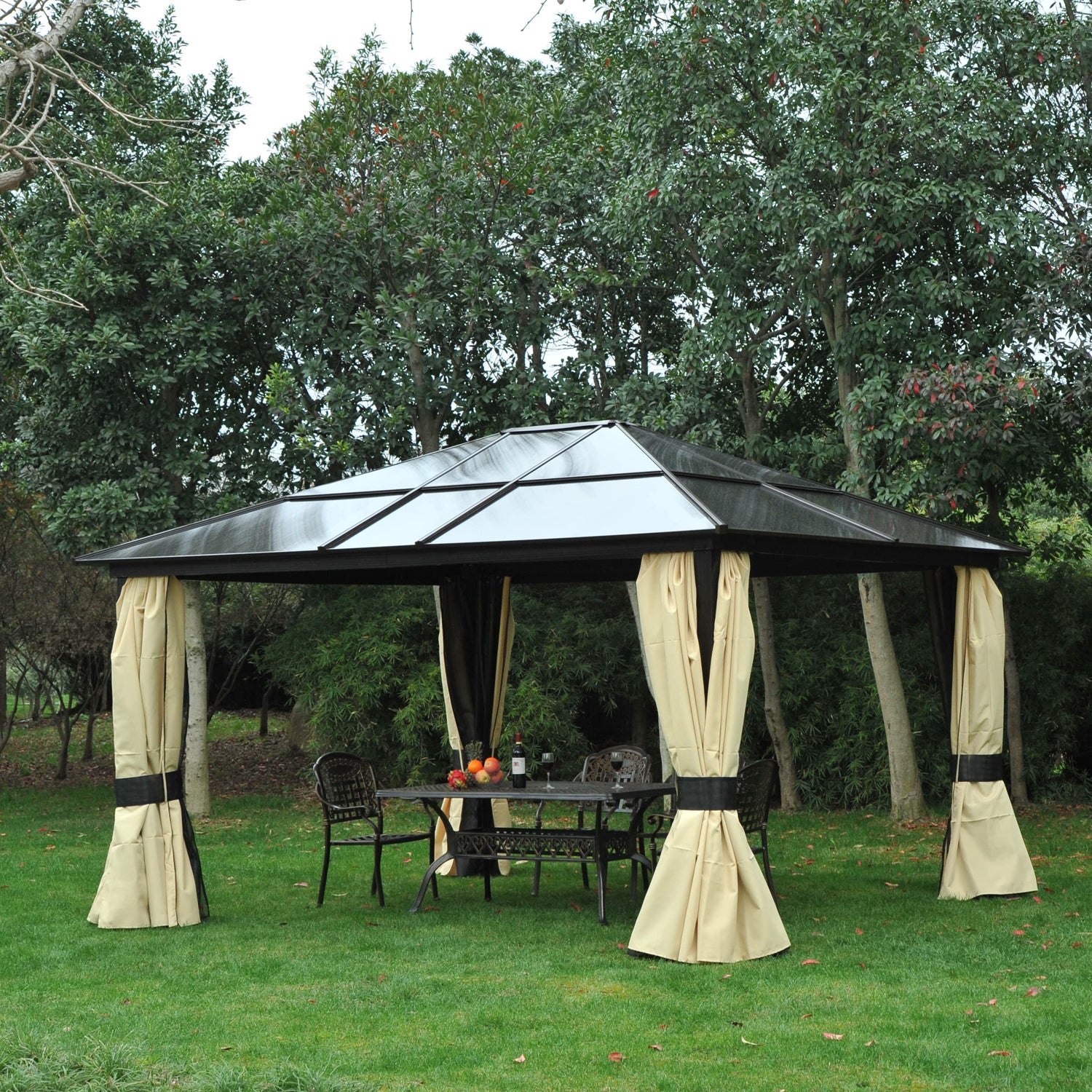 4 x 3.6(m) Hardtop Gazebo Canopy with Polycarbonate Roof and Aluminium Frame, Garden Pavilion with Mosquito Netting and Curtains-1