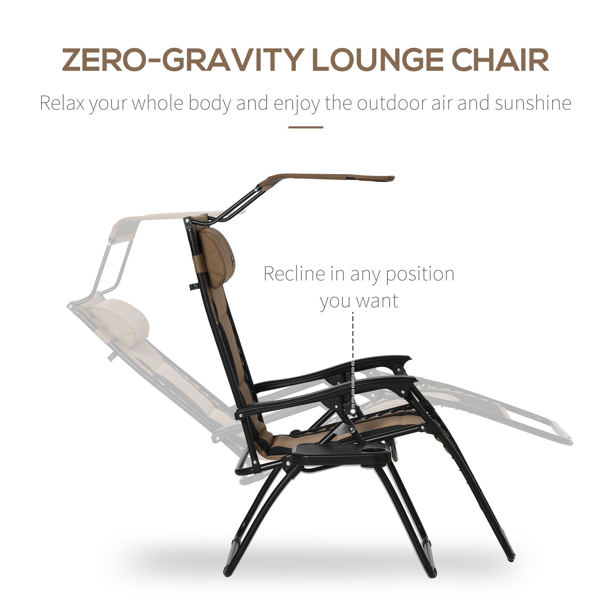 Zero Gravity Lounger Chair, Folding Reclining Patio Chair with Shade Cover, Cup Holder and Headrest for Poolside, Camping, Brown-3