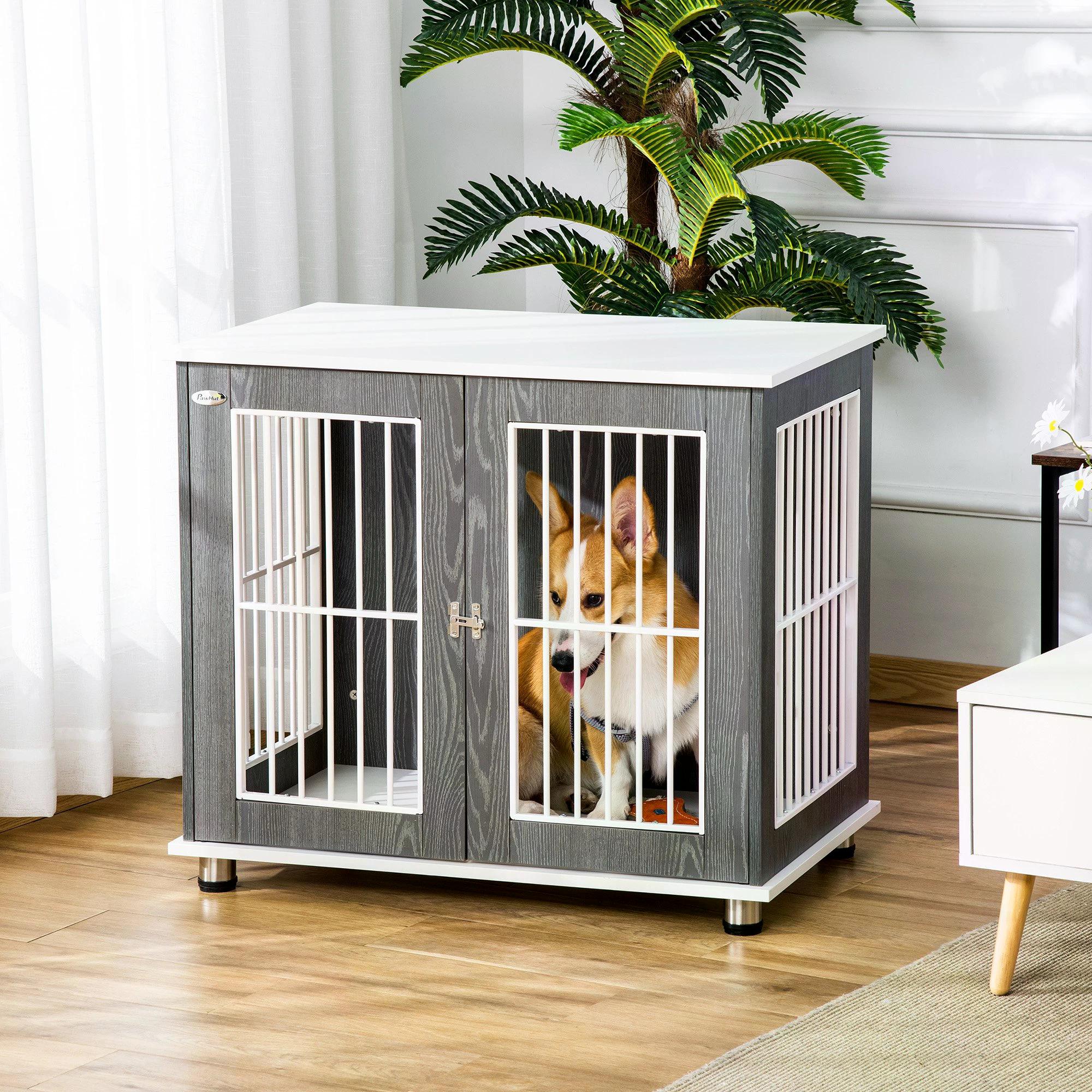 Dog Crate, Wooden Pet Kennel Cage with Lockable Door and Adjustable Foot Pads, Modern Design, Grey and White-1