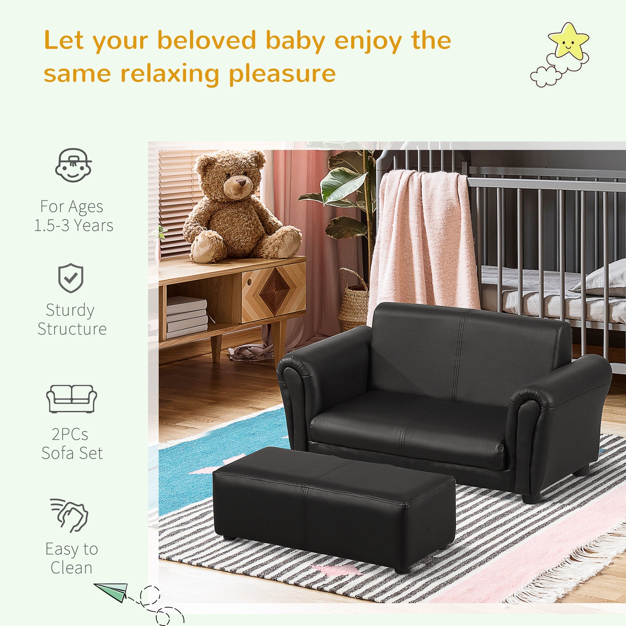 2 Seater Toddler Chair Kids Twin Sofa Childrens Double Seat Chair Furniture Armchair Boys Girls Couch w/ Footstool (Black)-4