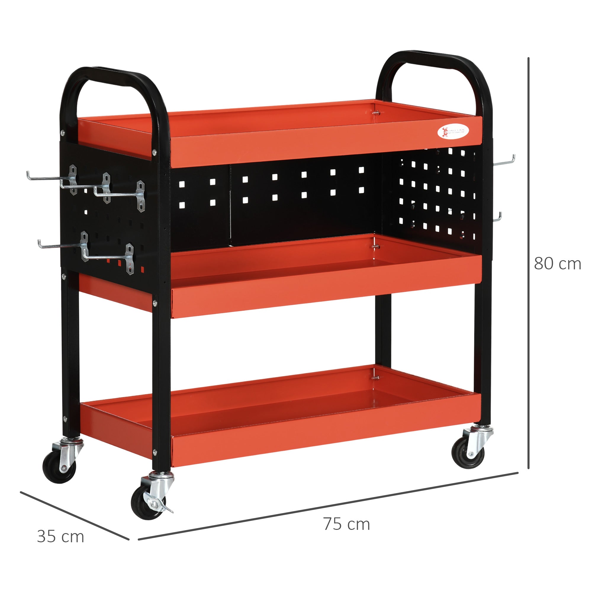 3 Tier Shelf Tool Cart Storage Trolley Wheel Cart for Garage Workshop Warehouse DIY Tool with 10 Hooks 100 kg Red-2