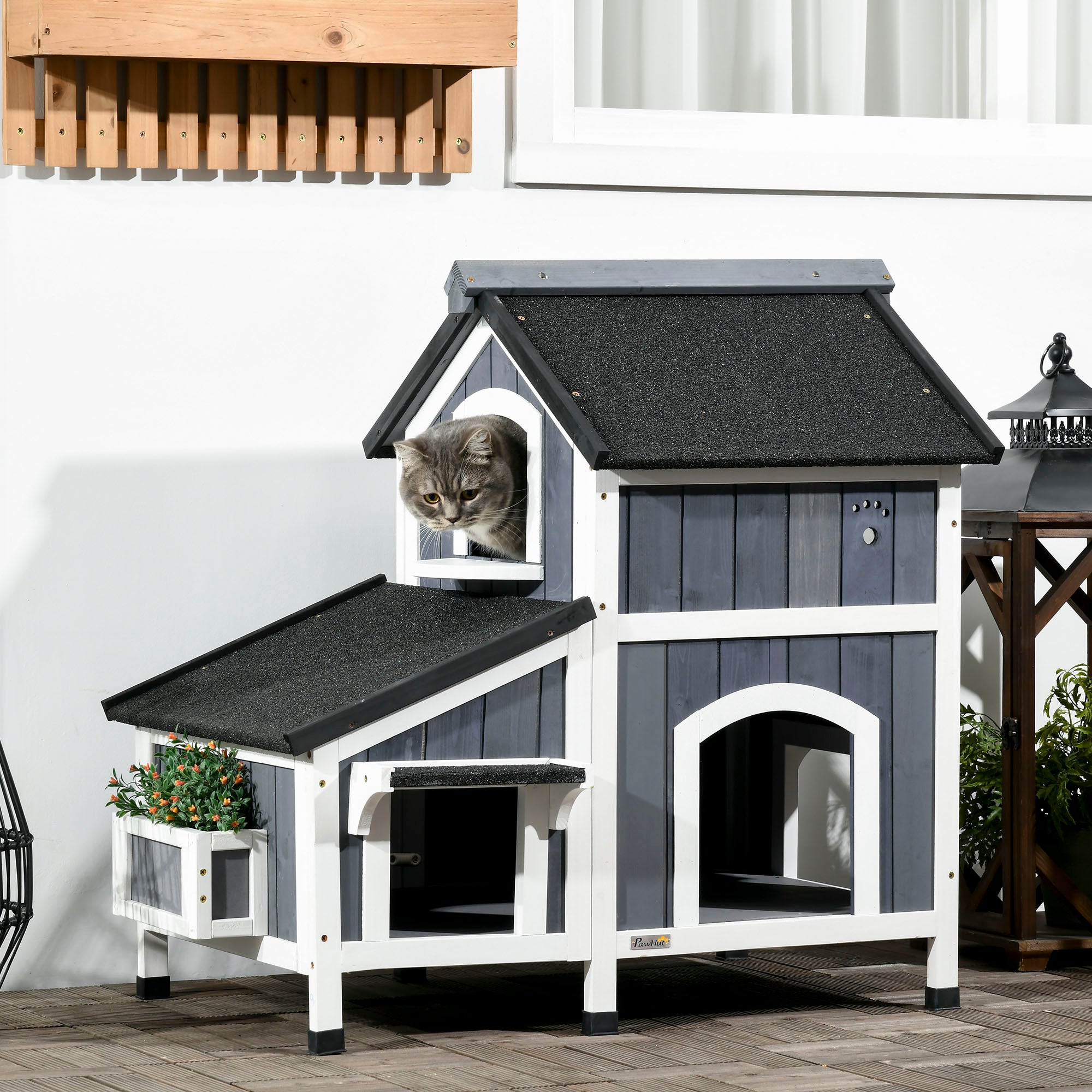 Wooden Cat House Outdoor with Flower Pot, 2 Tiers Cat Shelter with Window, Multiple Entrances, Water-resistant Roof, Grey-1