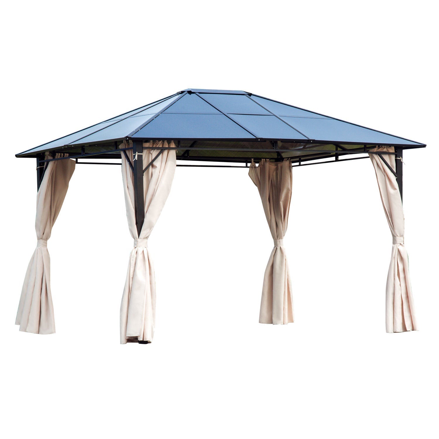 3.6 x 3(m) Hardtop Gazebo Canopy with Polycarbonate Roof Garden Pavilion with Removable Curtains and Steel Frame, Brown-0