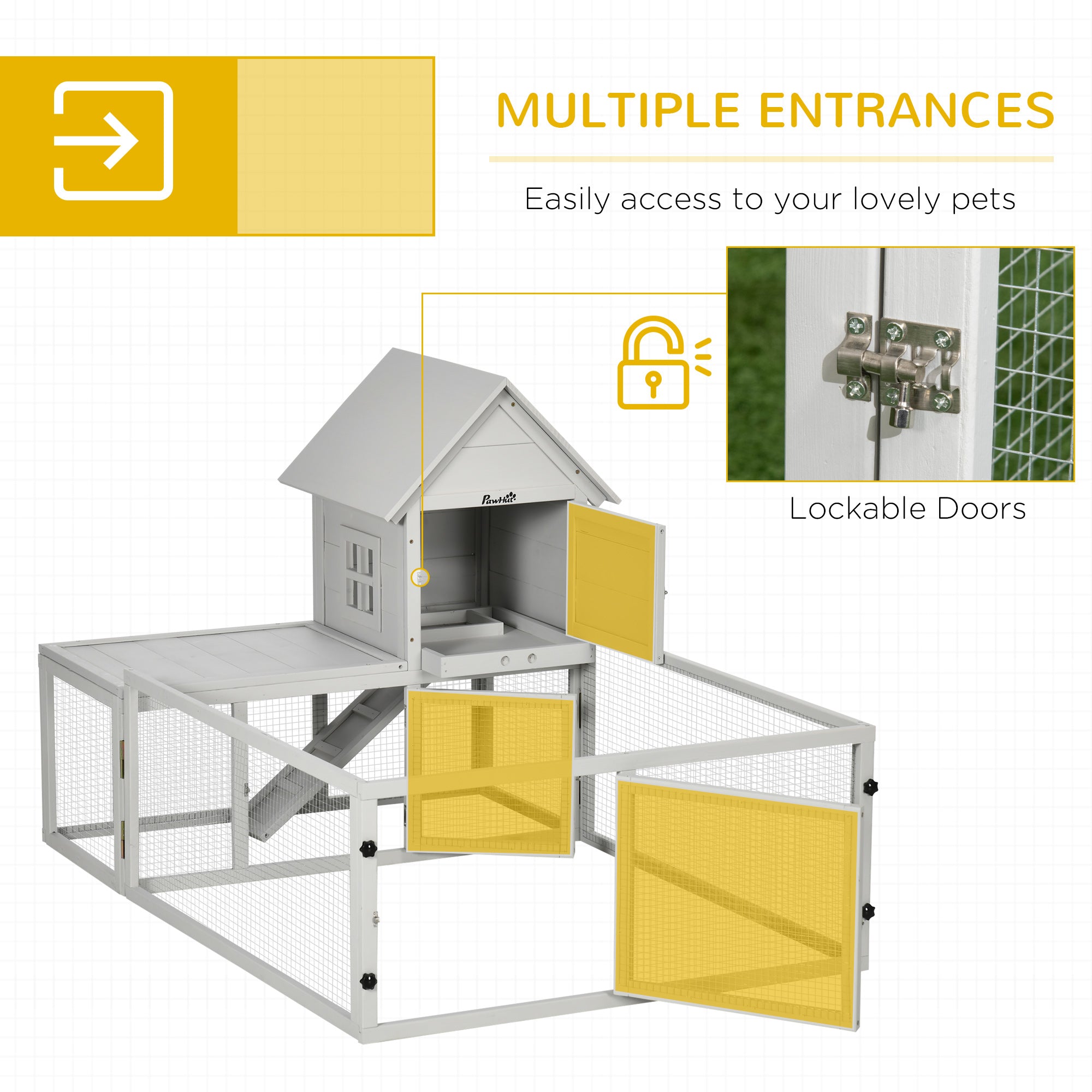 Wooden Rabbit Hutch with Extra Fenced Area, Large Guinea Pig Cage, Small Animal House for Indoor with Slide-out Tray, Light Grey-4