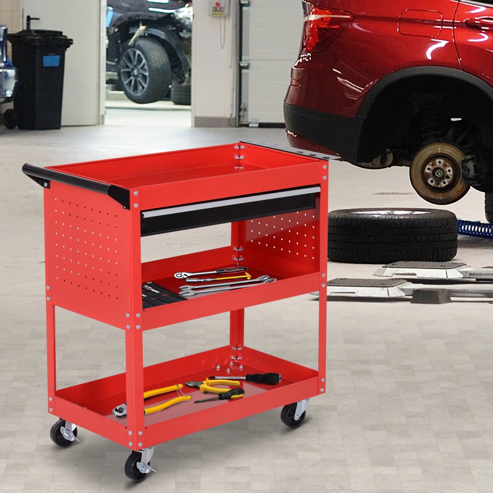 3-Tier Tool Trolley Cart Storage Shelf Roller Cabinet DIY Box Garage Workshop with Drawer Red-1