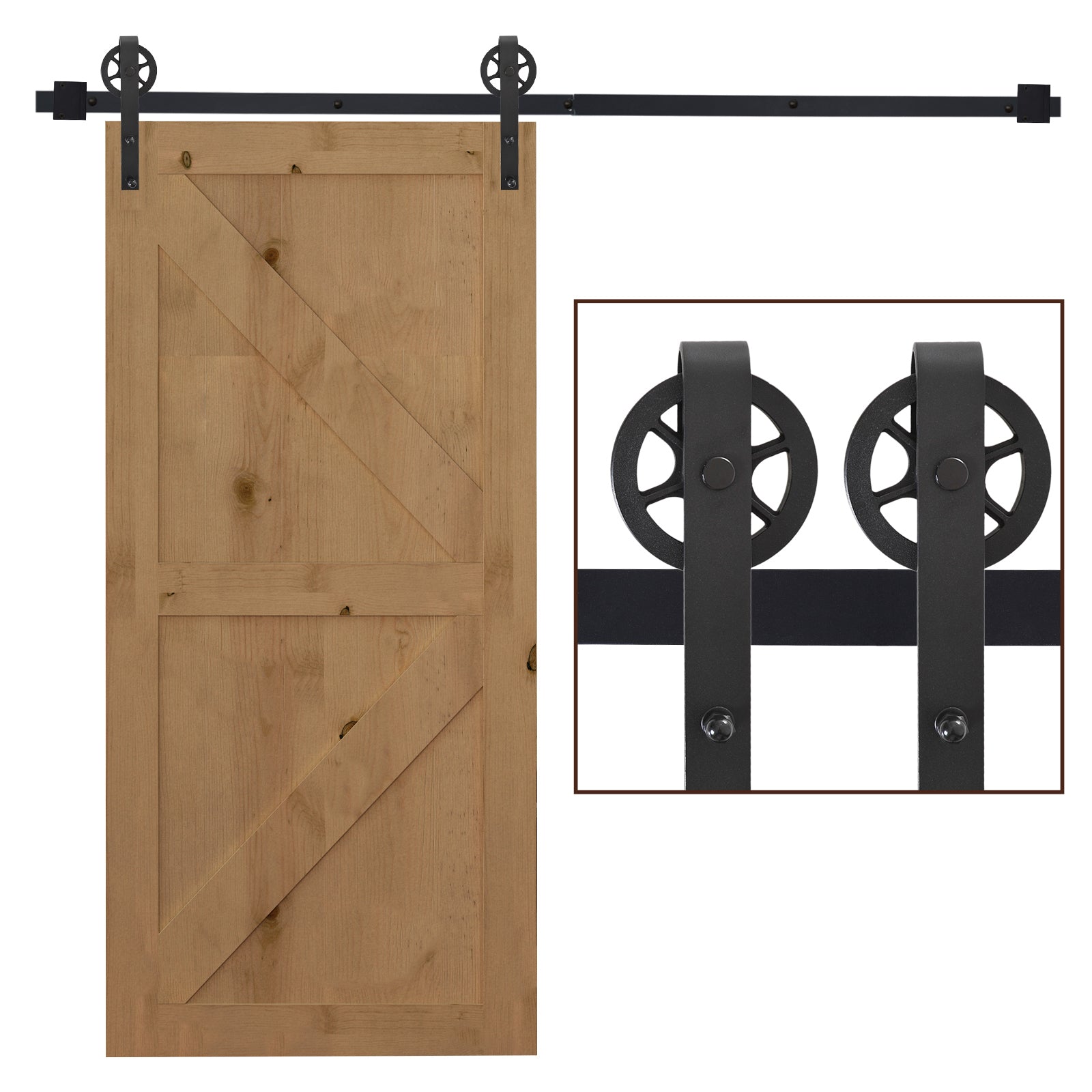 6.6 FT/ 2000mm Carbon Steel Sliding Barn Door Kits Hardware Closet Set Track System for Single Wooden Door Industrial Wheel Style Roller-0