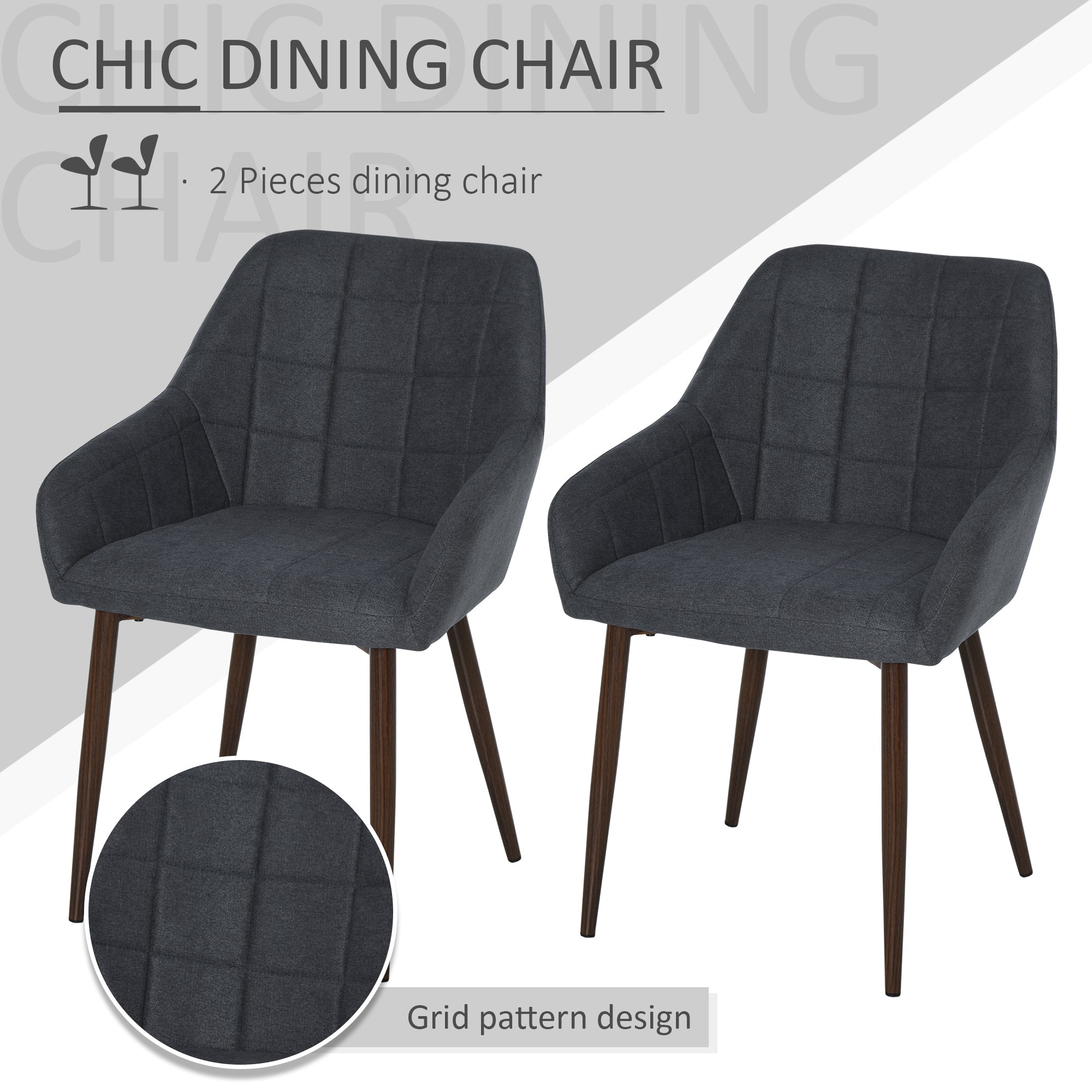 2 Pcs Linen-Touch Fabric Dining Chair w/ Cushion, Backrest, Mid Back Leisure Chair w/ Steel Leg, Sponge Padded Armchair for Dining Room-3