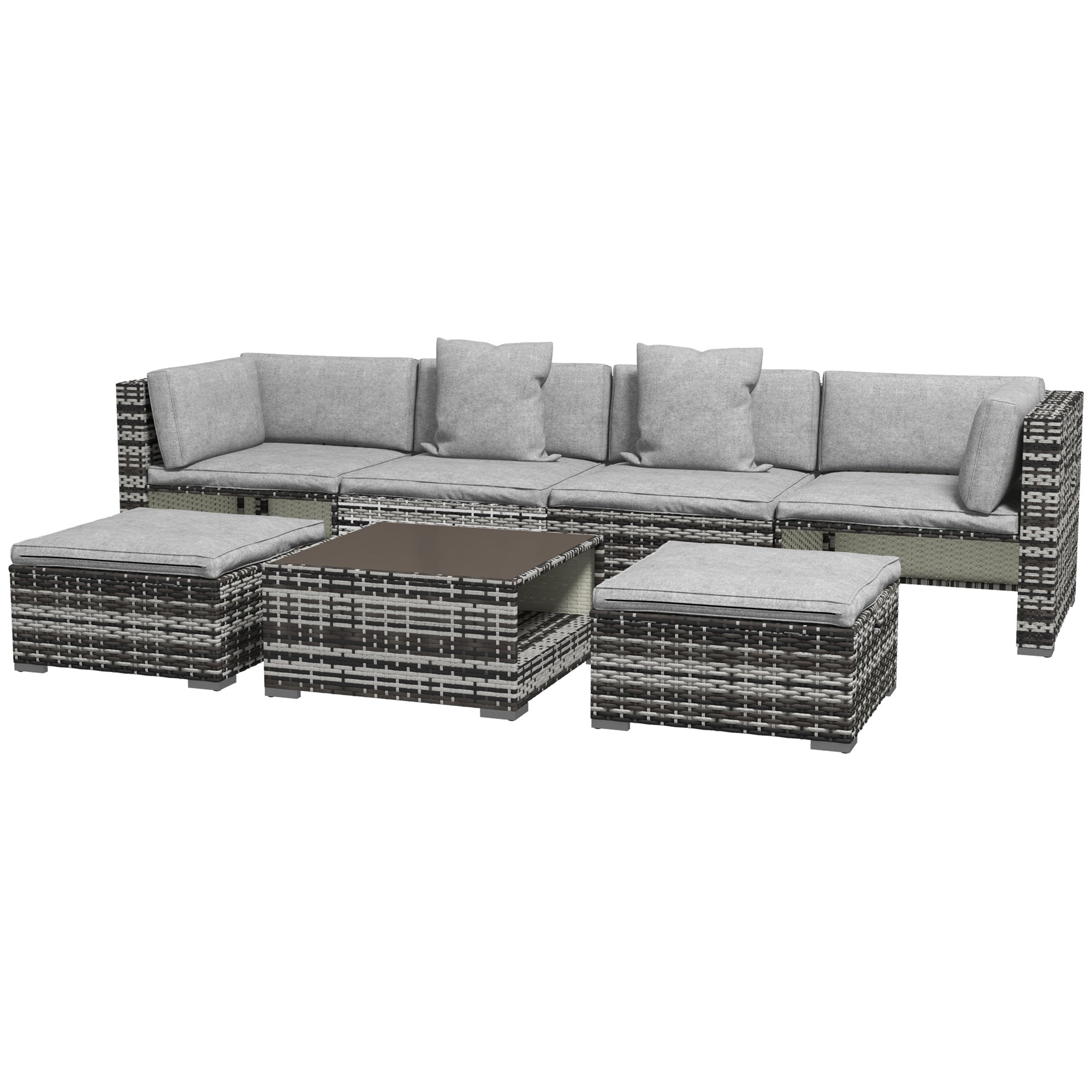 7-Piece Rattan Patio Furniture Set with Sofa, Footstools, Coffee Table, Side Shelves, Cushions, Pillows, Mixed Grey-0