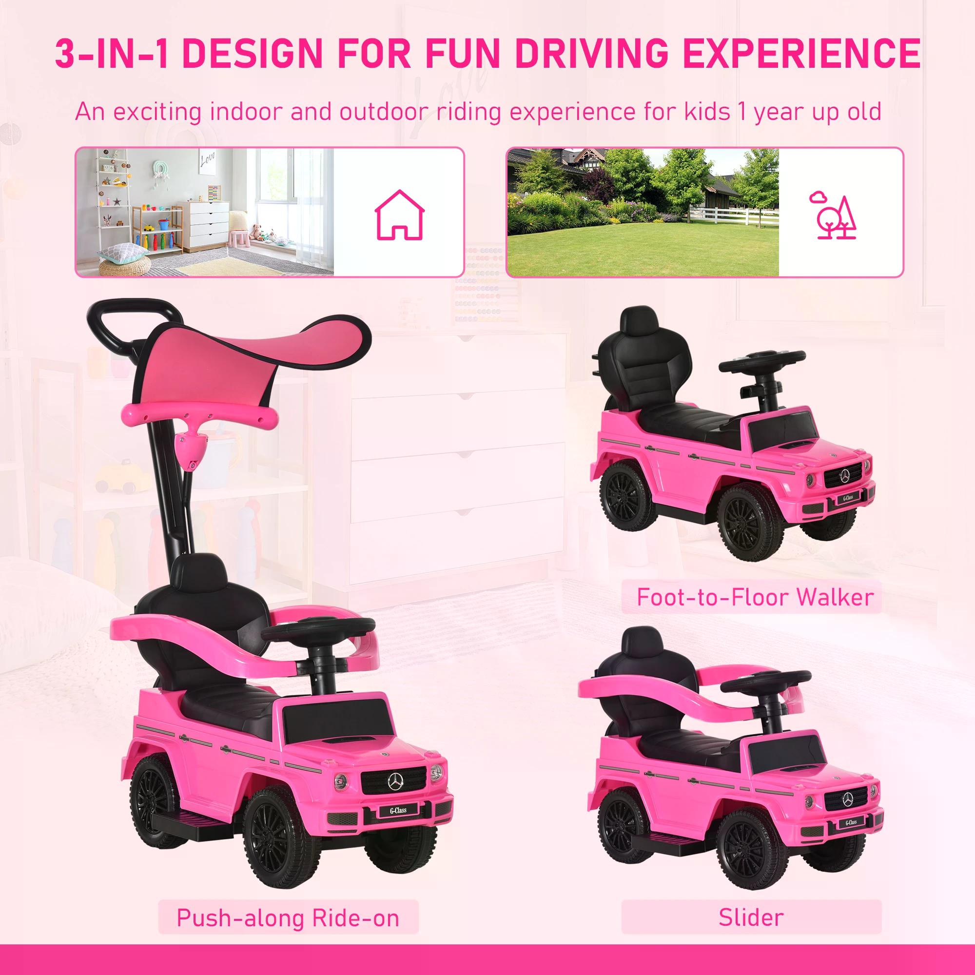 Compatible Ride-On Push Along Car Sliding Walker Mercedes-Benz G350 Walker Foot to Floor Slider Stroller Toddler Vehicle Steering Wheel Pink-3