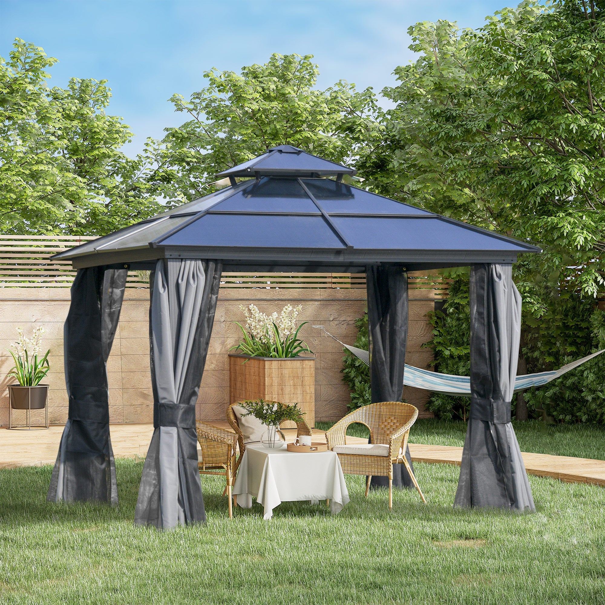 3 x 3(m) Polycarbonate Hardtop Gazebo Canopy with Double-Tier Roof and Aluminium Frame, Garden Pavilion with Mosquito Netting and Curtains-1