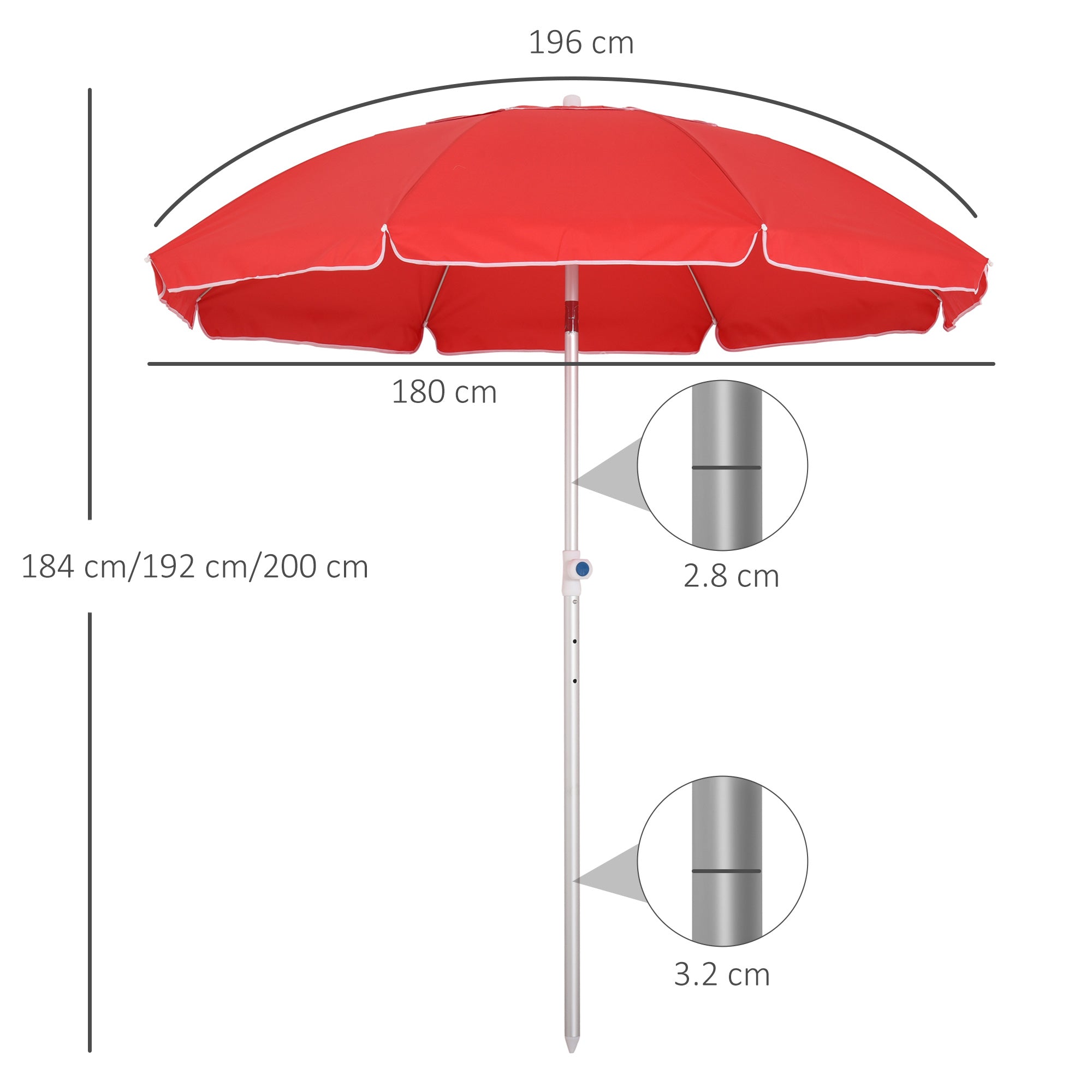 1.9m Arced Beach Umbrella 3-Angle Canopy Parasol w/ Aluminium Frame Pointed Spike Carry Bag Outdoor Sun Safe Shelter Patio Red-2