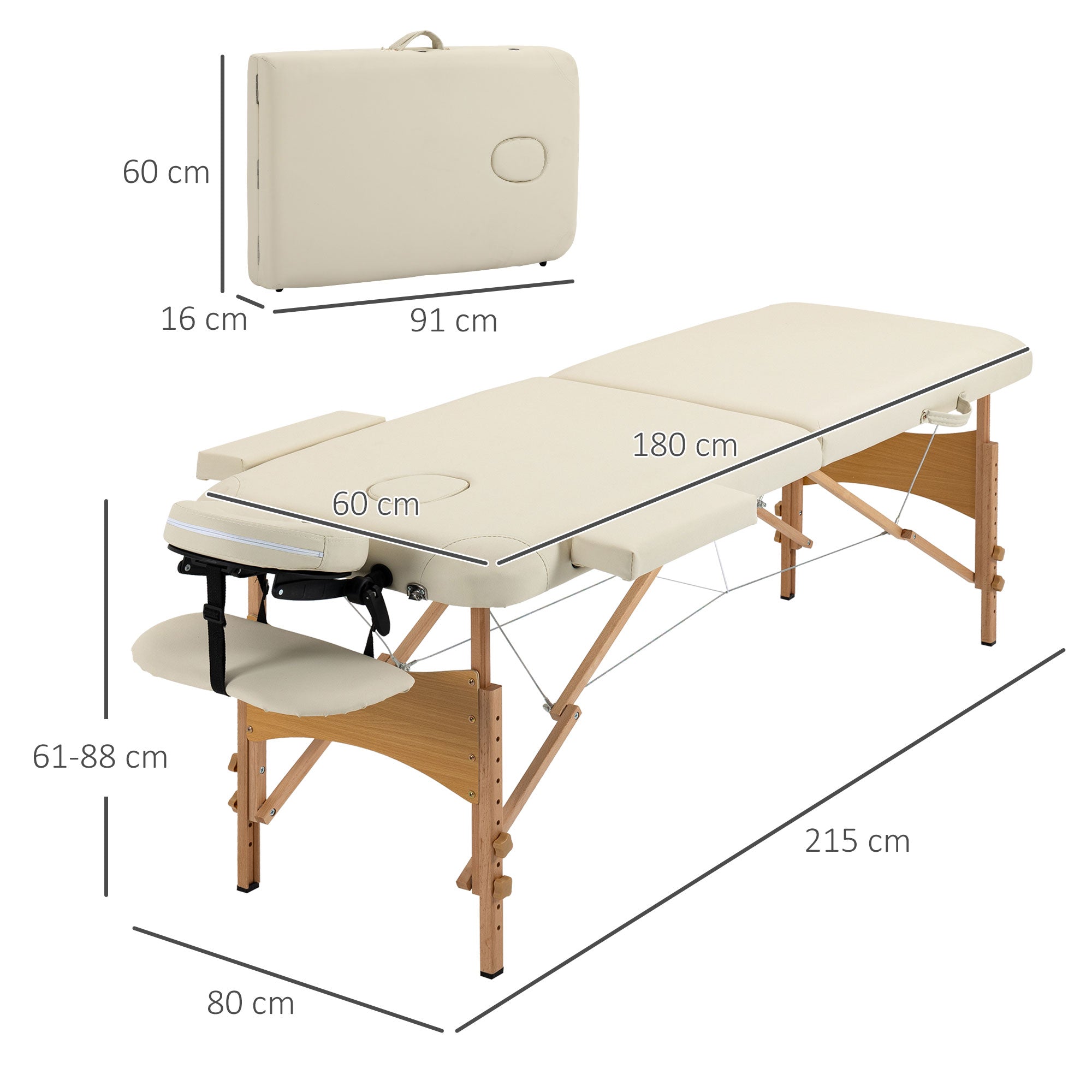 Portable Massage Bed, Folding Spa Beauty Massage Table with 2 Sections, Carry Bag and Wooden Frame, Cream-2