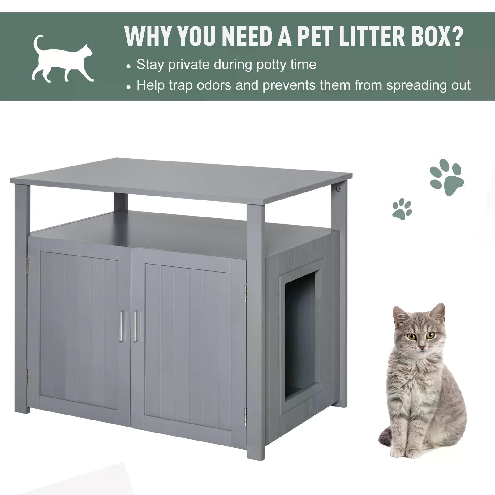 Wooden Cat Litter Box Enclosure Furniture with Adjustable Interior Wall & Large Tabletop for Nightstand, Grey-4