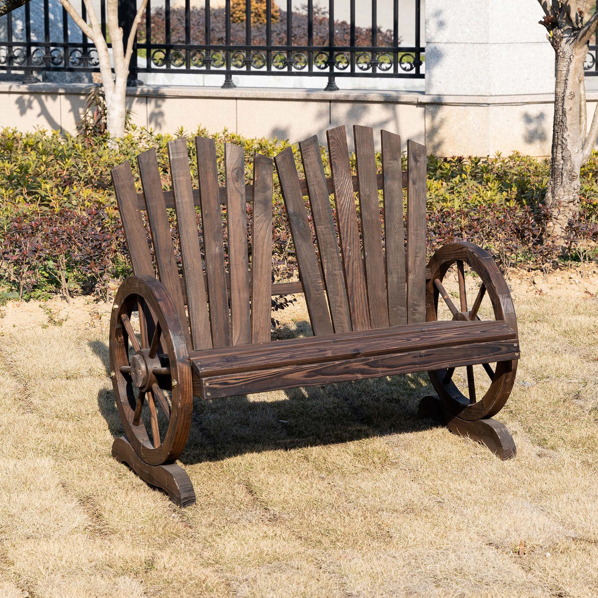 2 Seater Garden Bench Comfortable Fir Logs Love Chair with Wheel-Shaped Armrests, Outdoor Adirondack Wooden Loveseats, Carbonized colour-1