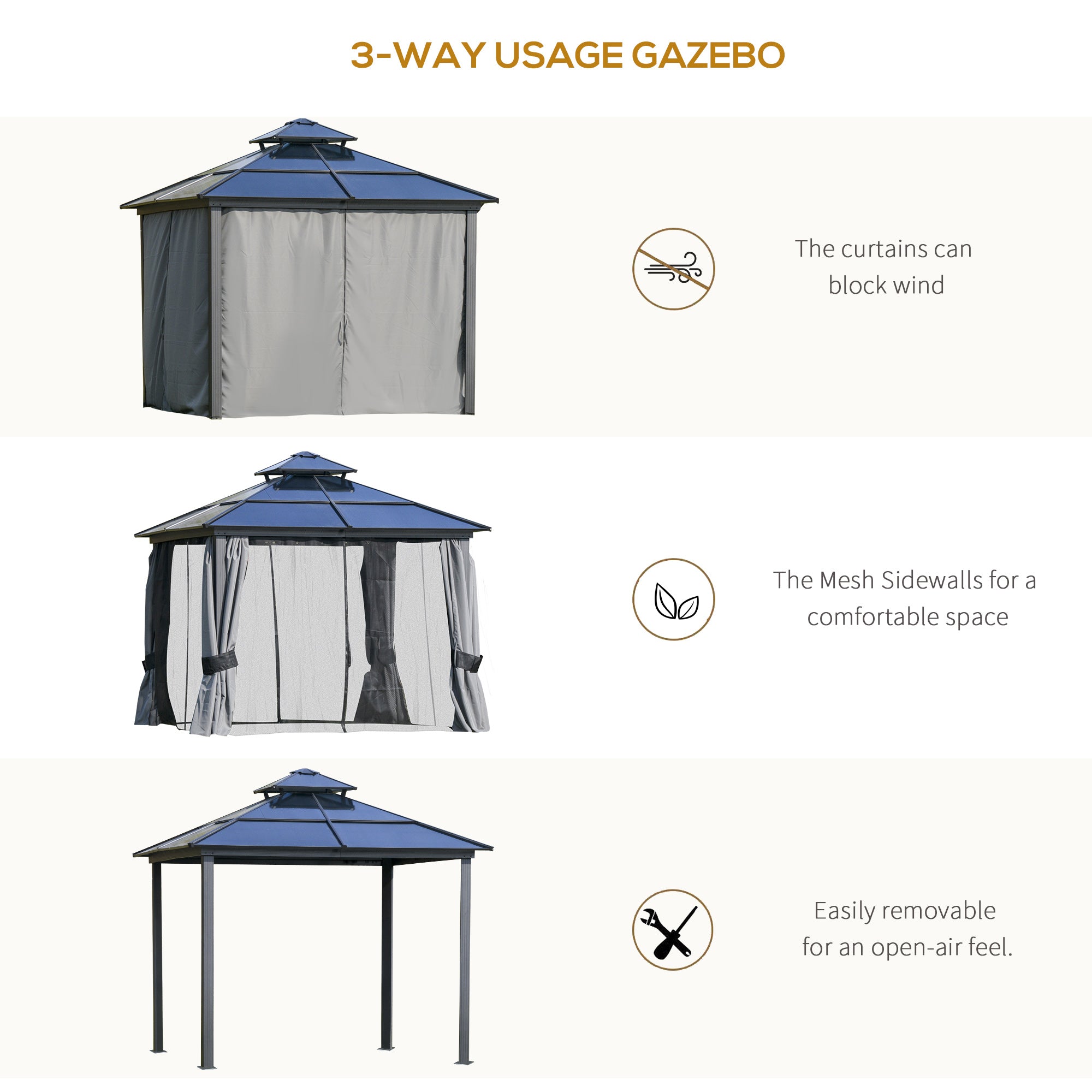 3 x 3(m) Polycarbonate Hardtop Gazebo Canopy with Double-Tier Roof and Aluminium Frame, Garden Pavilion with Mosquito Netting and Curtains-3